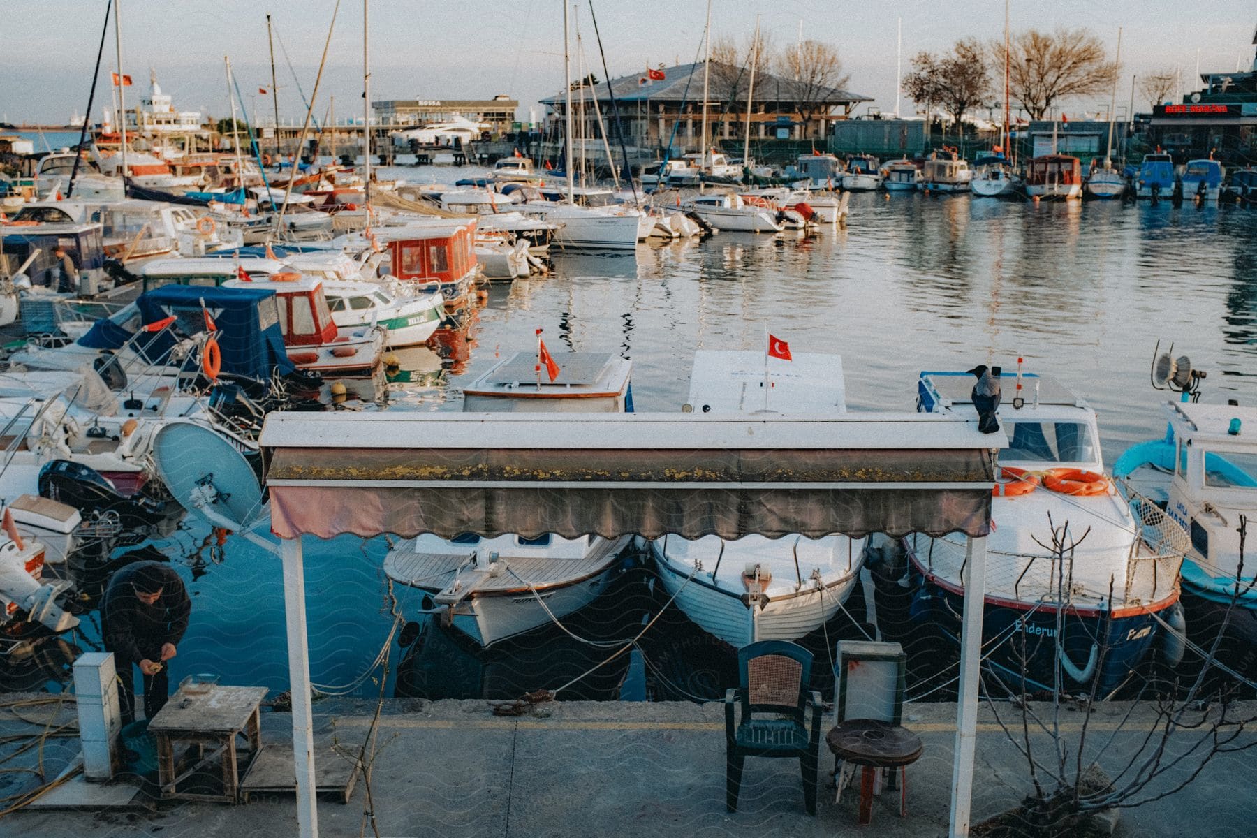 A marina full of small boats.