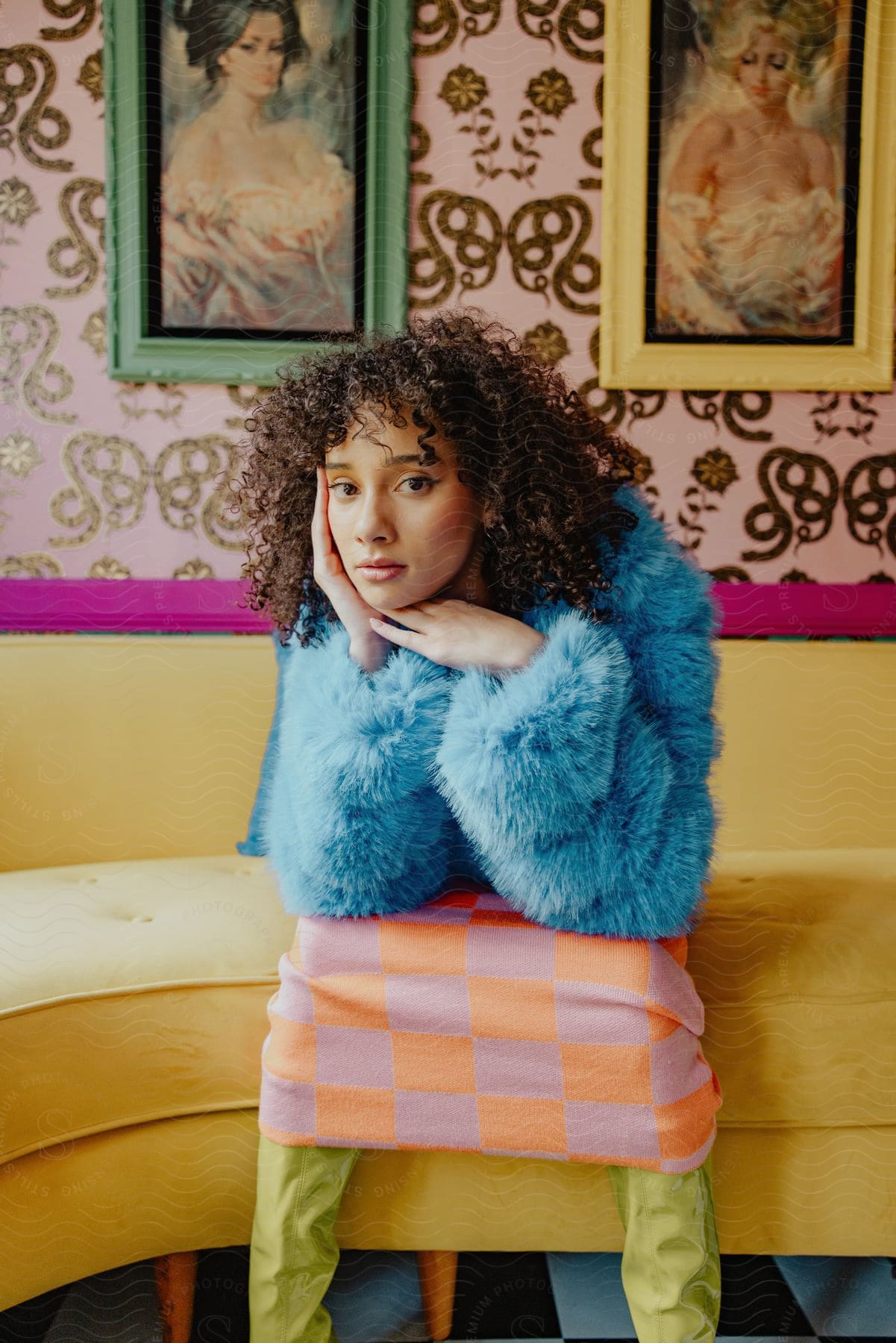 A woman with her hand on her face is sitting on a yellow bench, wearing colorful clothes, with two blurry works of art in the background.