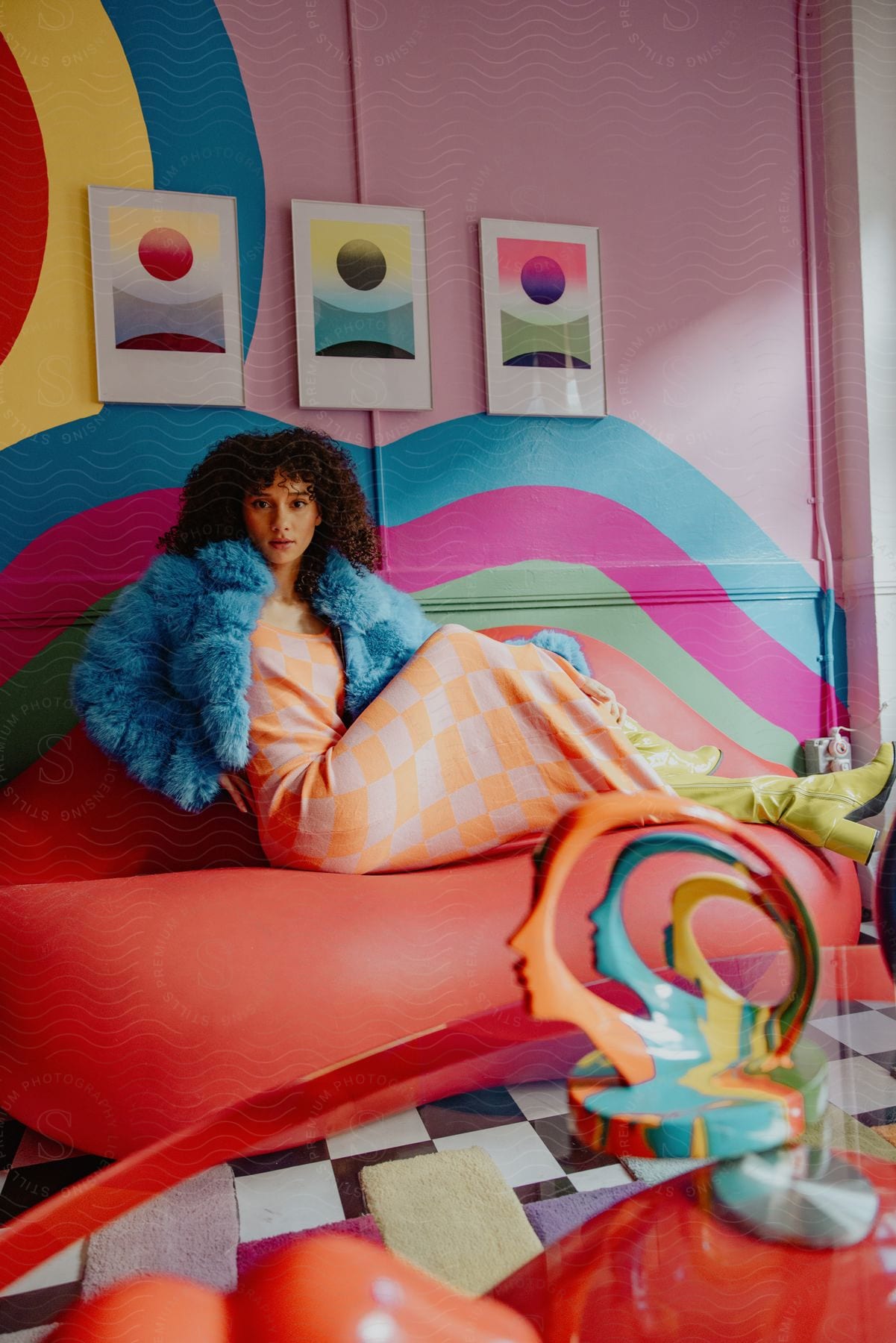 Woman sitting on a couch wearing a checkered dress and blue fur coat with chartreuse green boots in a colorful decorated room