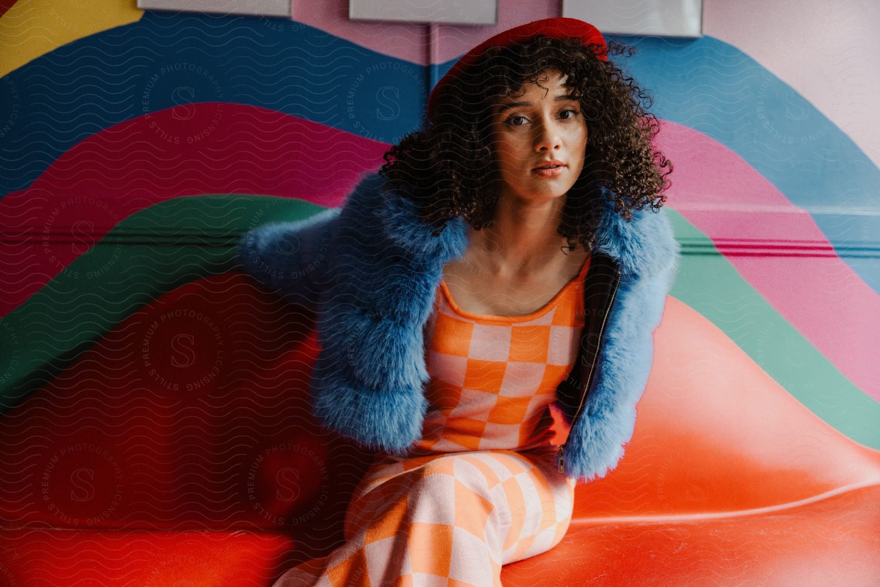 Female model wearing colorful attire sits in vibrantly decorated living room.