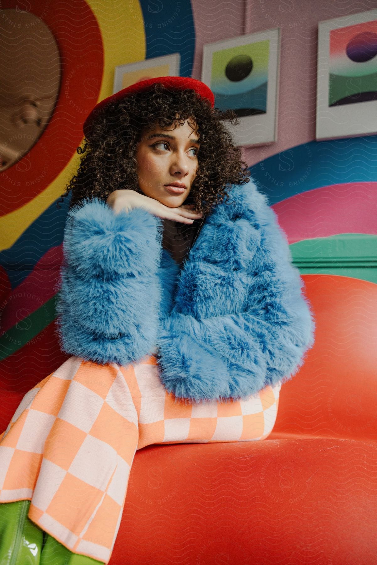 A young woman wearing a beret and a blue furry coat posing with her hand under her chin while sitting on a red couch