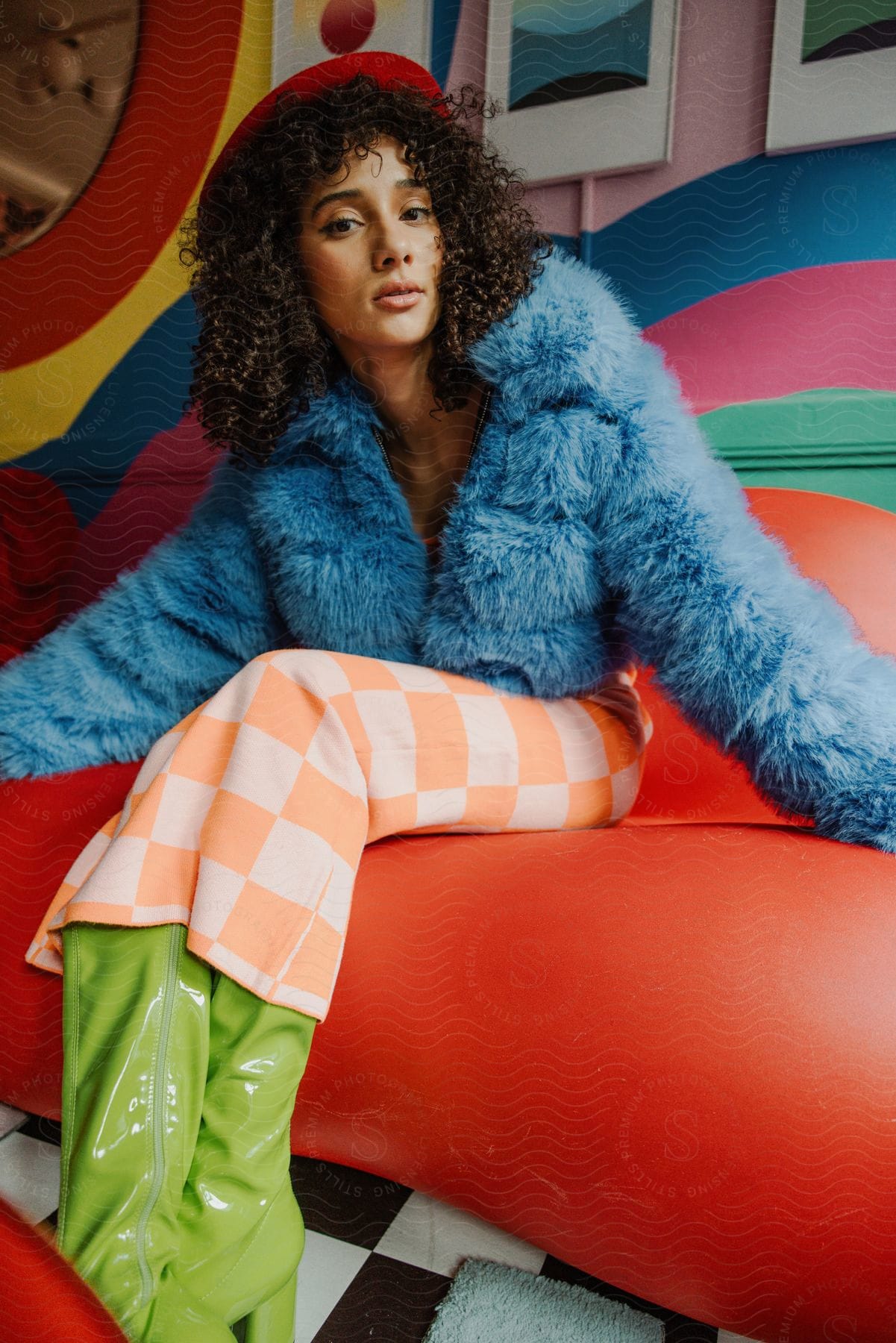 A young woman models a blue coat and green boots while sitting on a sofa.