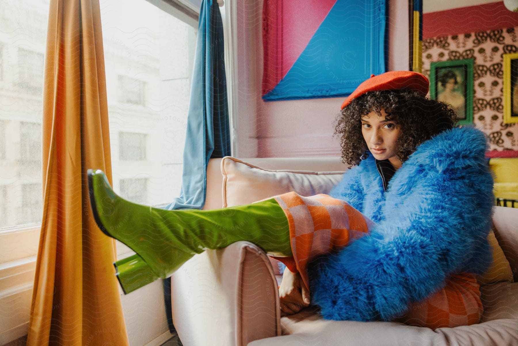 Woman sitting on a couch wearing a checkered dress and blue fur coat with chartreuse green boots and her foot up on the end of the couch
