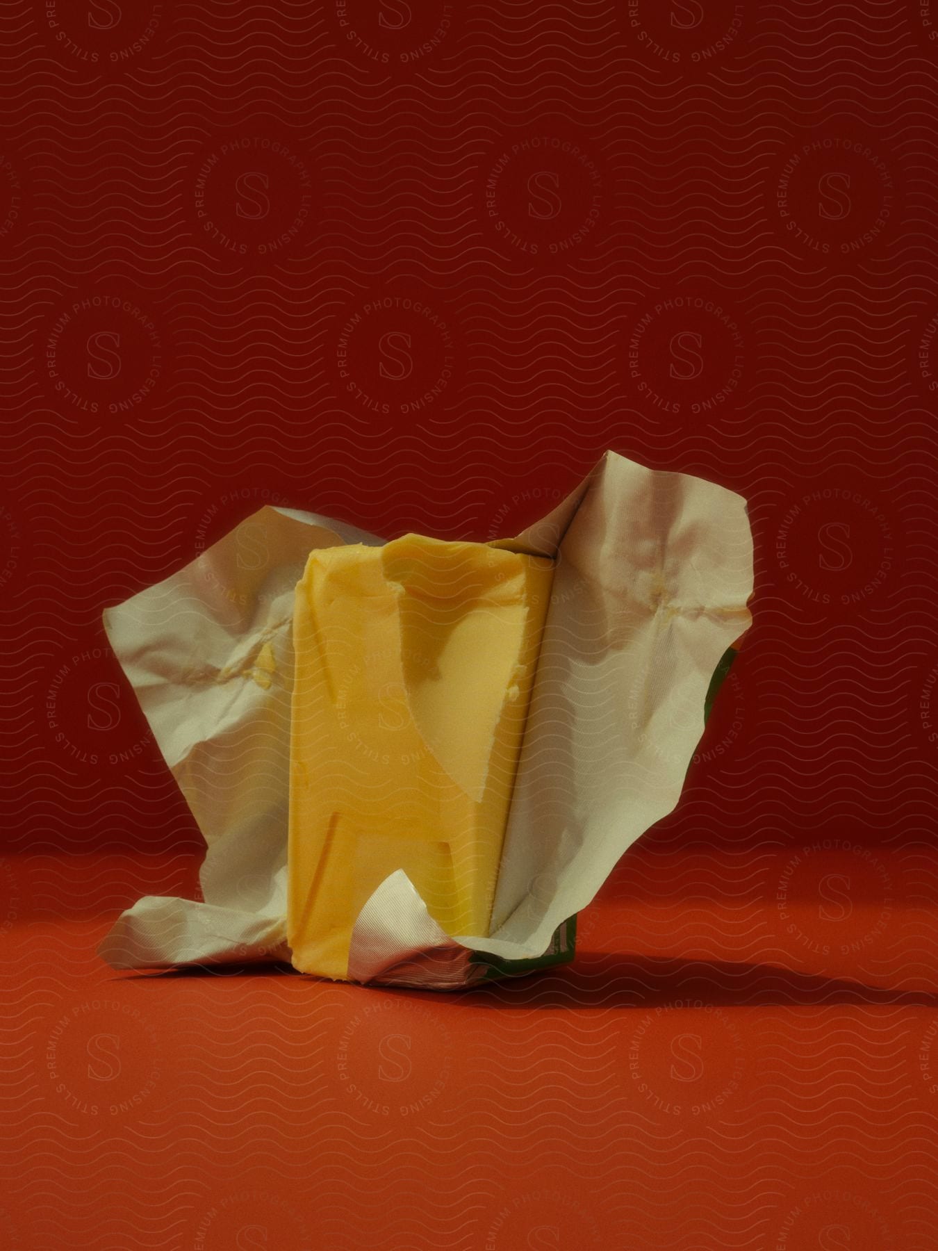 Piece of butter partially wrapped in packaging, placed against a red background.