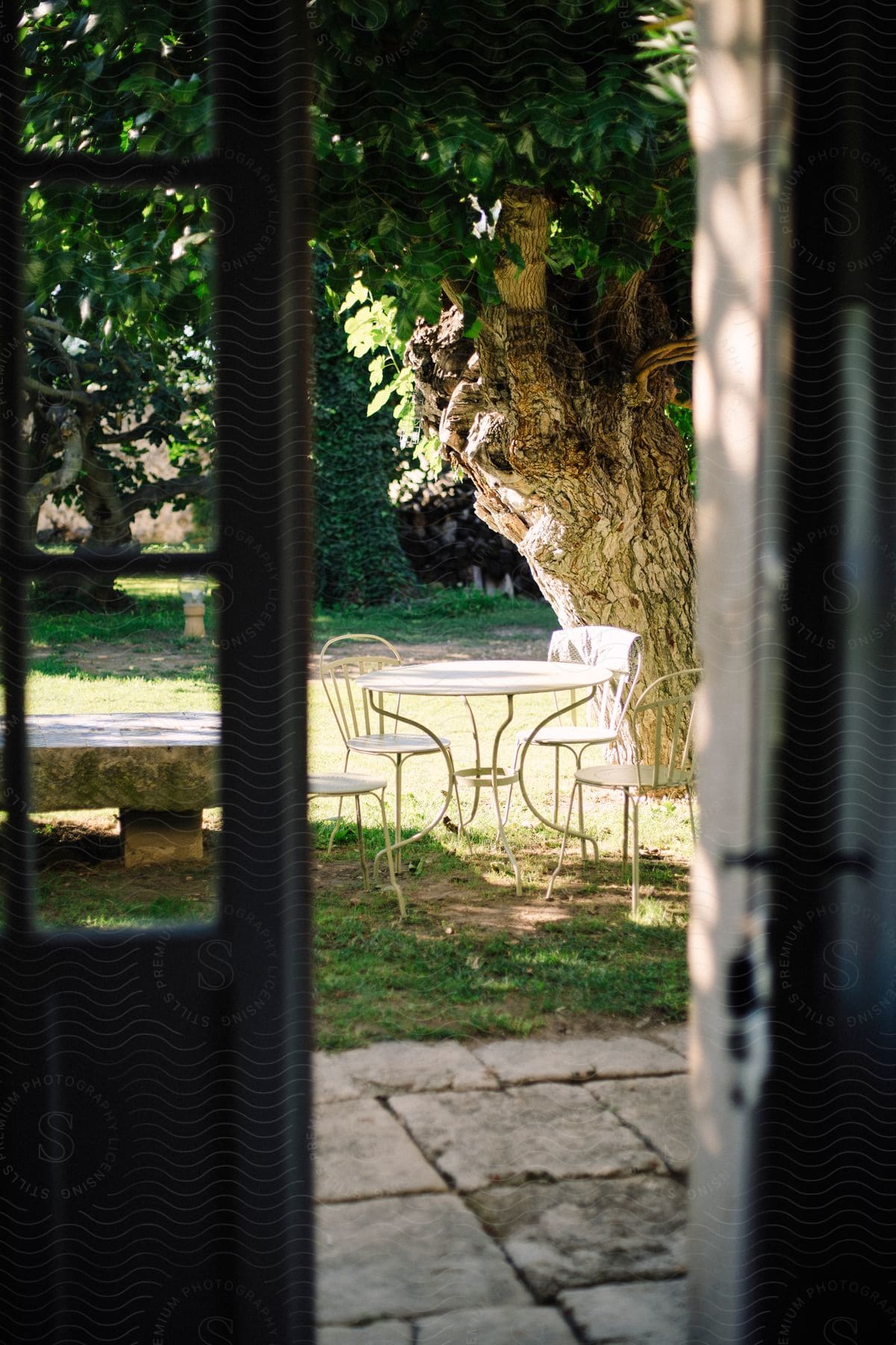 A coffee table is surrounded by four chairs placed outdoors under a tree during the day, as seen from within the house with an open door.