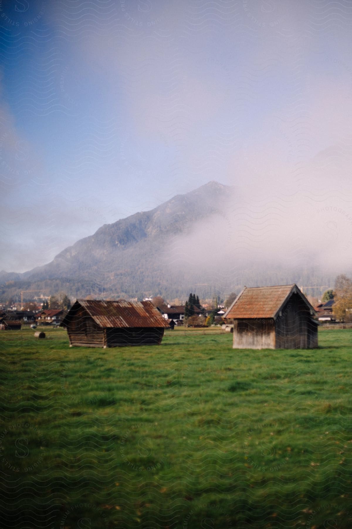 Farm buildings in a field at the base of a forested mountain.