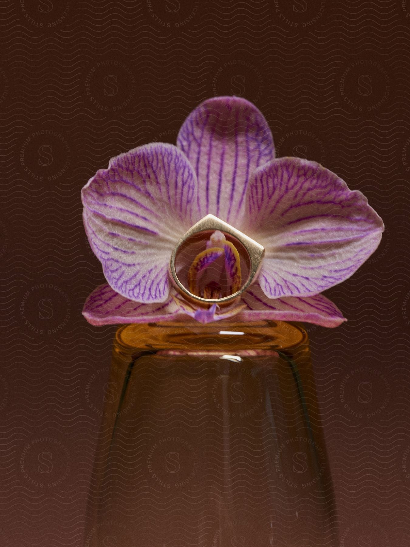 Silver ring sits on a flower on an overturned glass