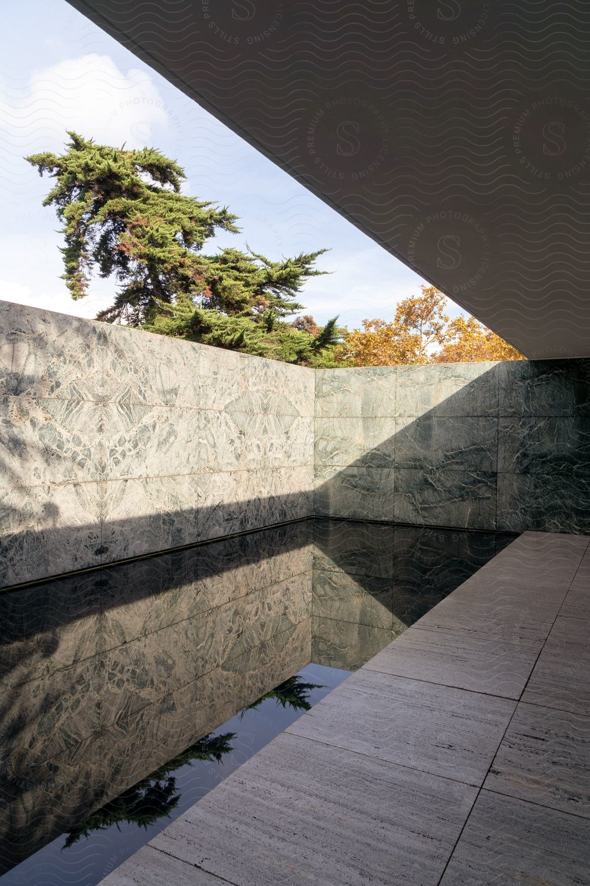 A tranquil space with water reflecting trees and a clear sky, bordered by architectural elements and greenery.