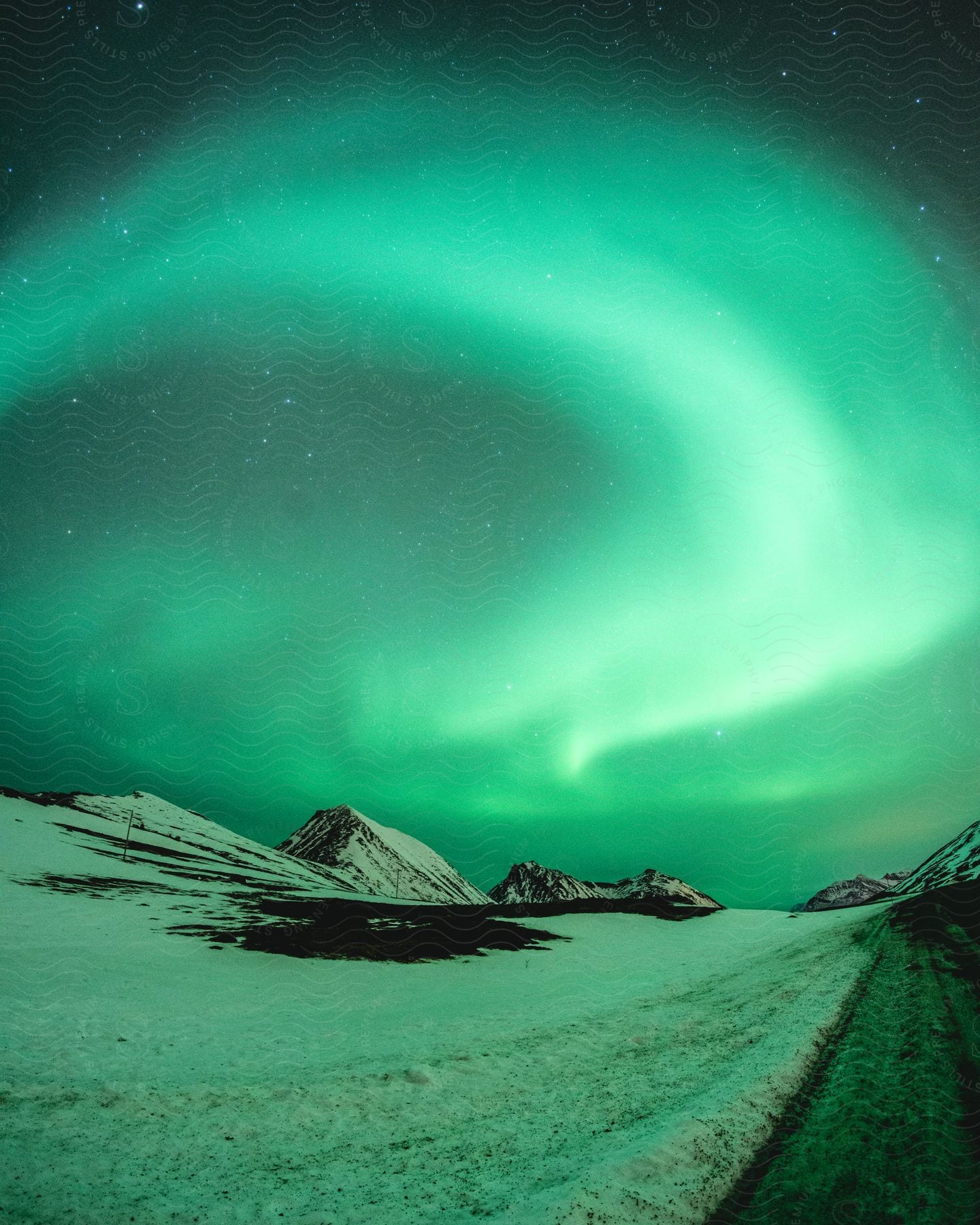 The night sky is filled with the bright green light of the aurora borealis above a snow covered landscape.