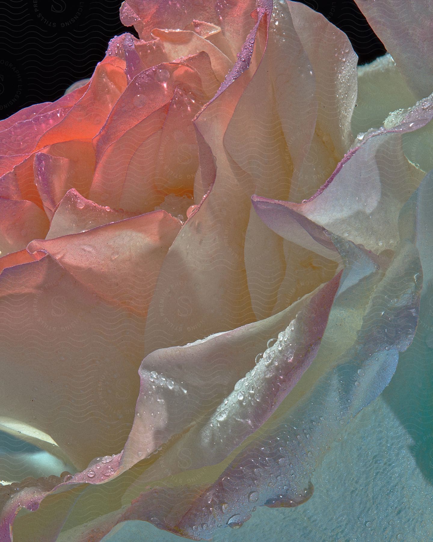 A close-up photo of a pink and white rose bud with dewdrops clinging to its petals.