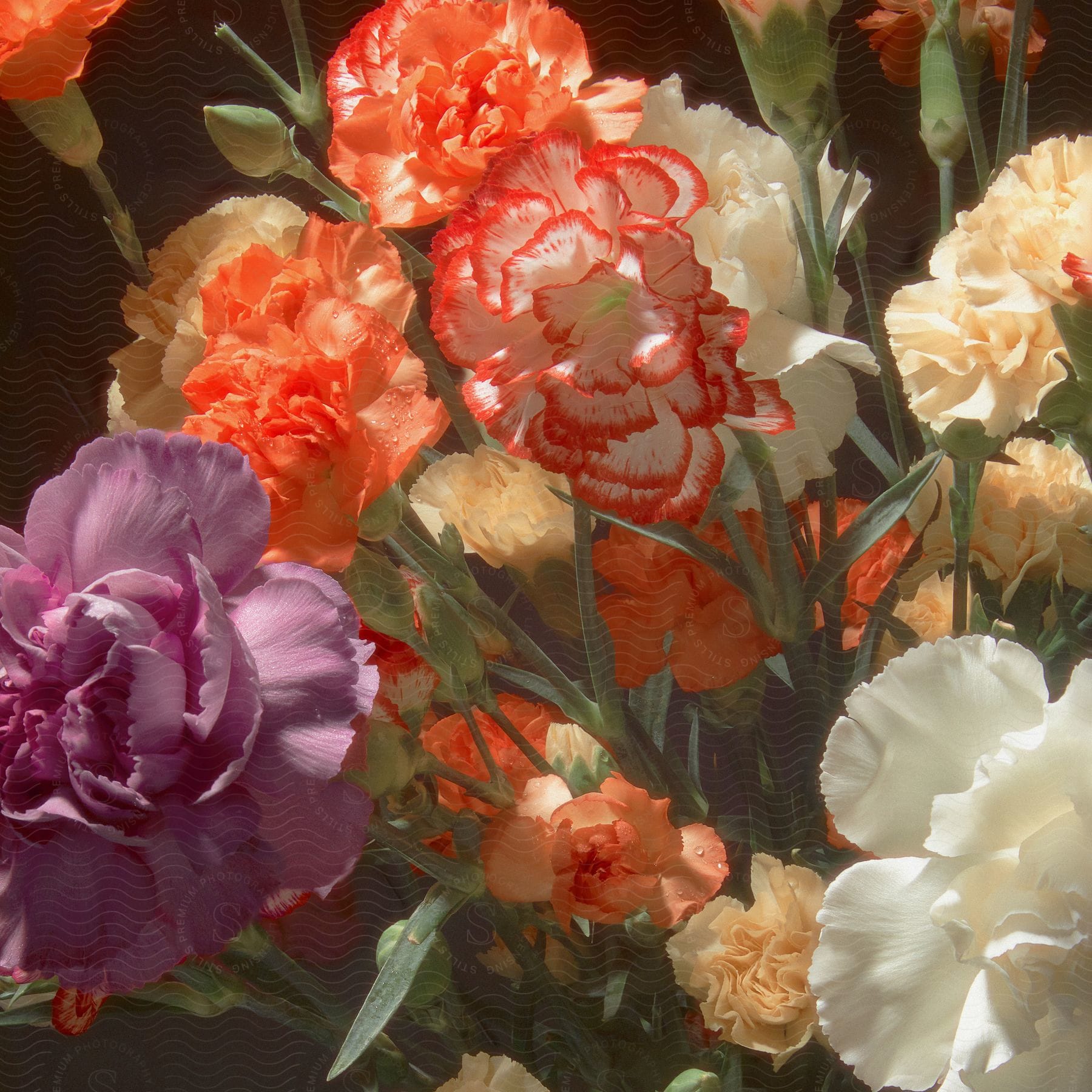 A vibrant bouquet of carnations in a variety of colors, including red, orange, white and purple in a garden on a sunny day.