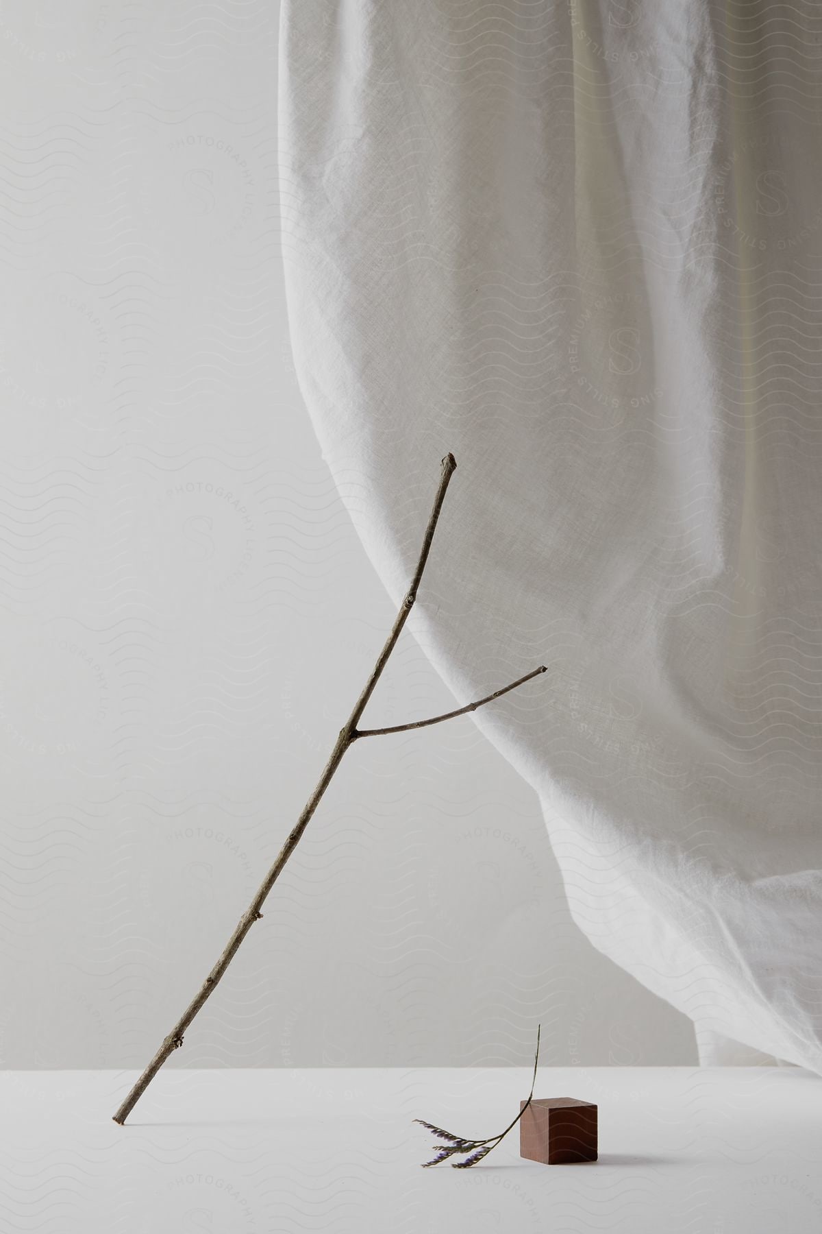 A Stick, Sprig, Wooden Block And Curtain Arranged In An Art Piece