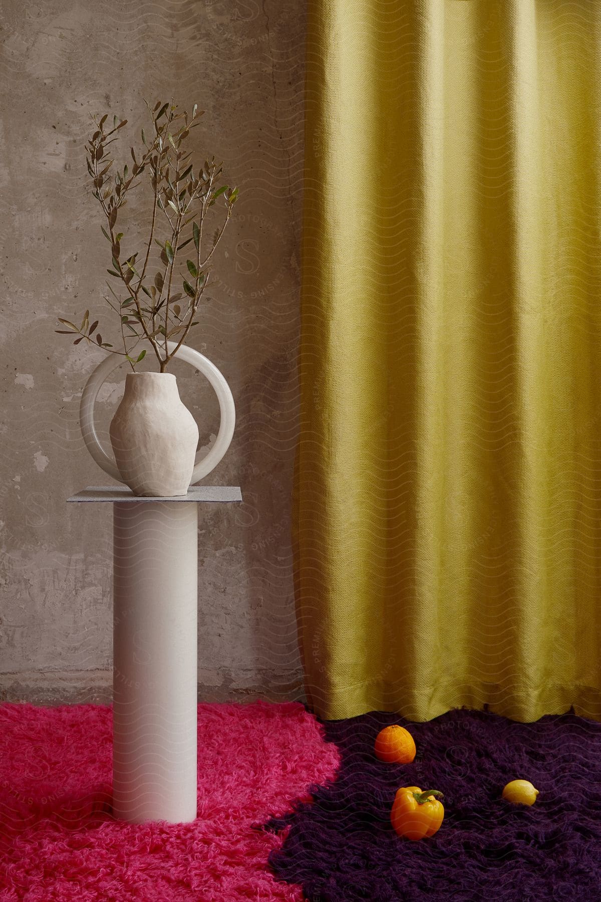 A flower vase with a plant inside sits on a column, placed on a rug next to a yellow curtain. Nearby, on the floor, are peppers, oranges, and lemons.