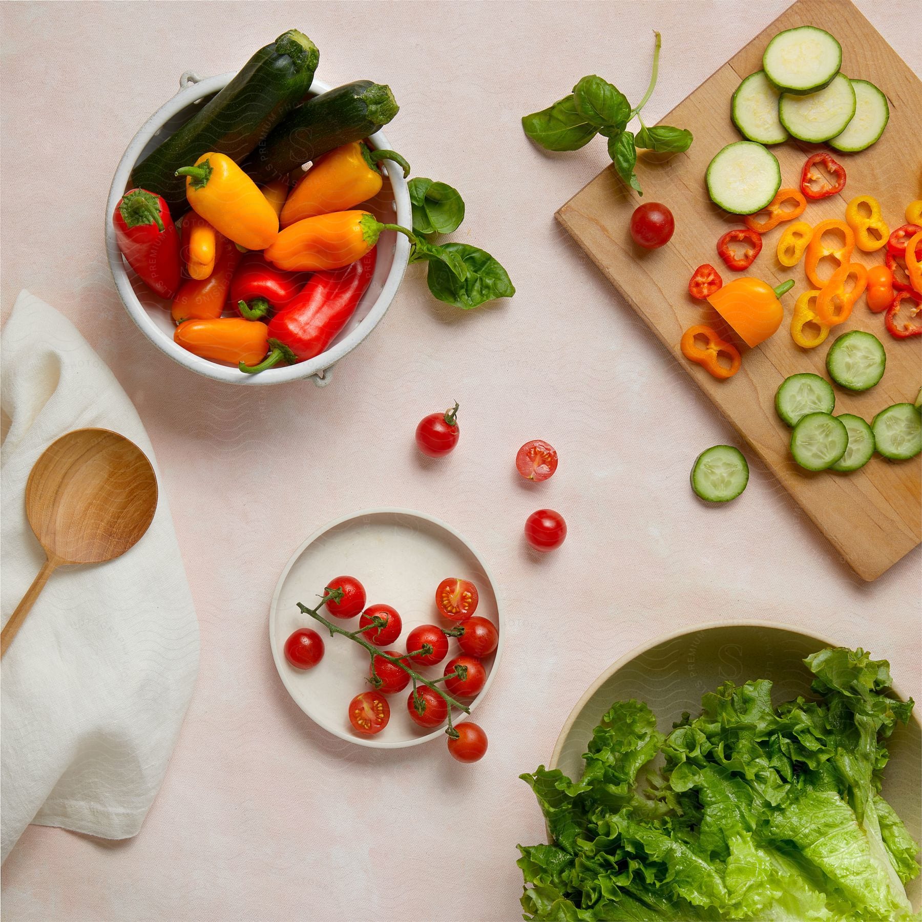 Fresh vegetables, including tomatoes, peppers, lettuce, and cucumbers, are arranged on different plates. Sliced pieces are placed on top of a wooden cutting board, with a wooden spoon resting on a napkin nearby.