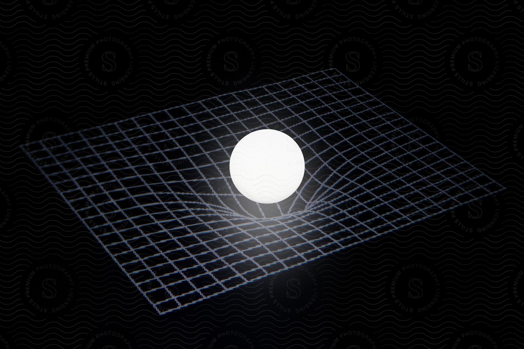 A digital art of a white ball making a floor on a white Grid on a Black Floor