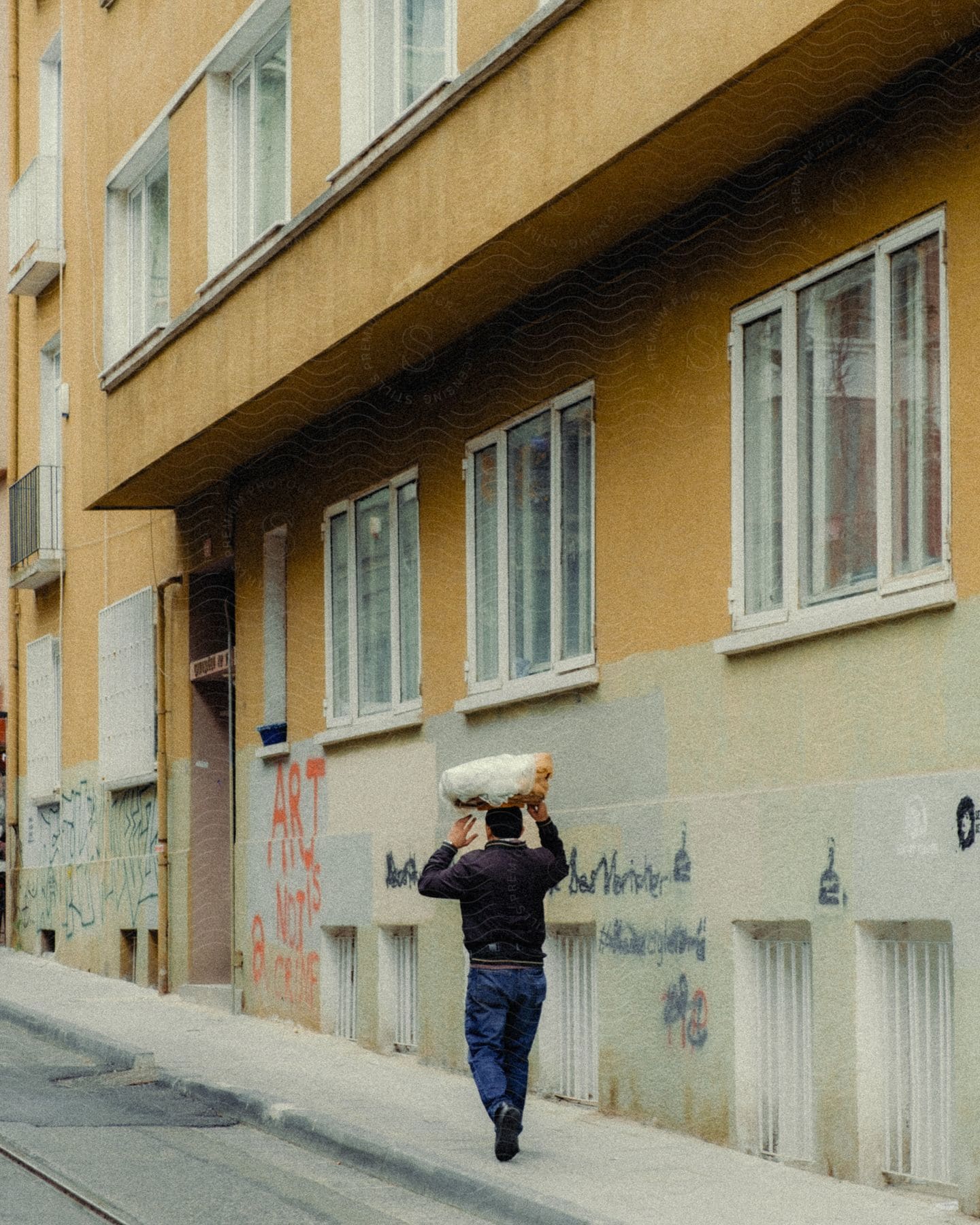 A person walks past a yellow building, carrying something on their shoulders, while graffiti decorates the wall.