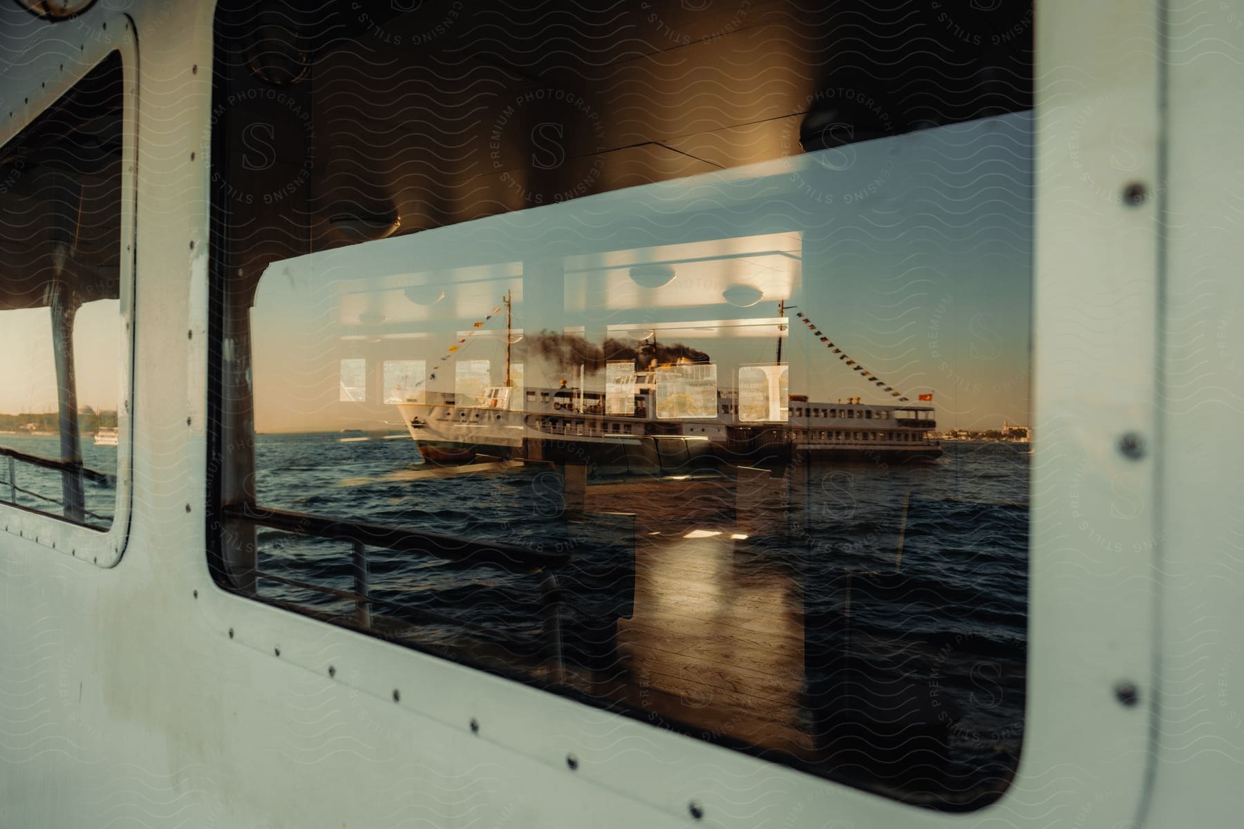 A boat appears reflected in the window of another boat, at dawn or dusk.