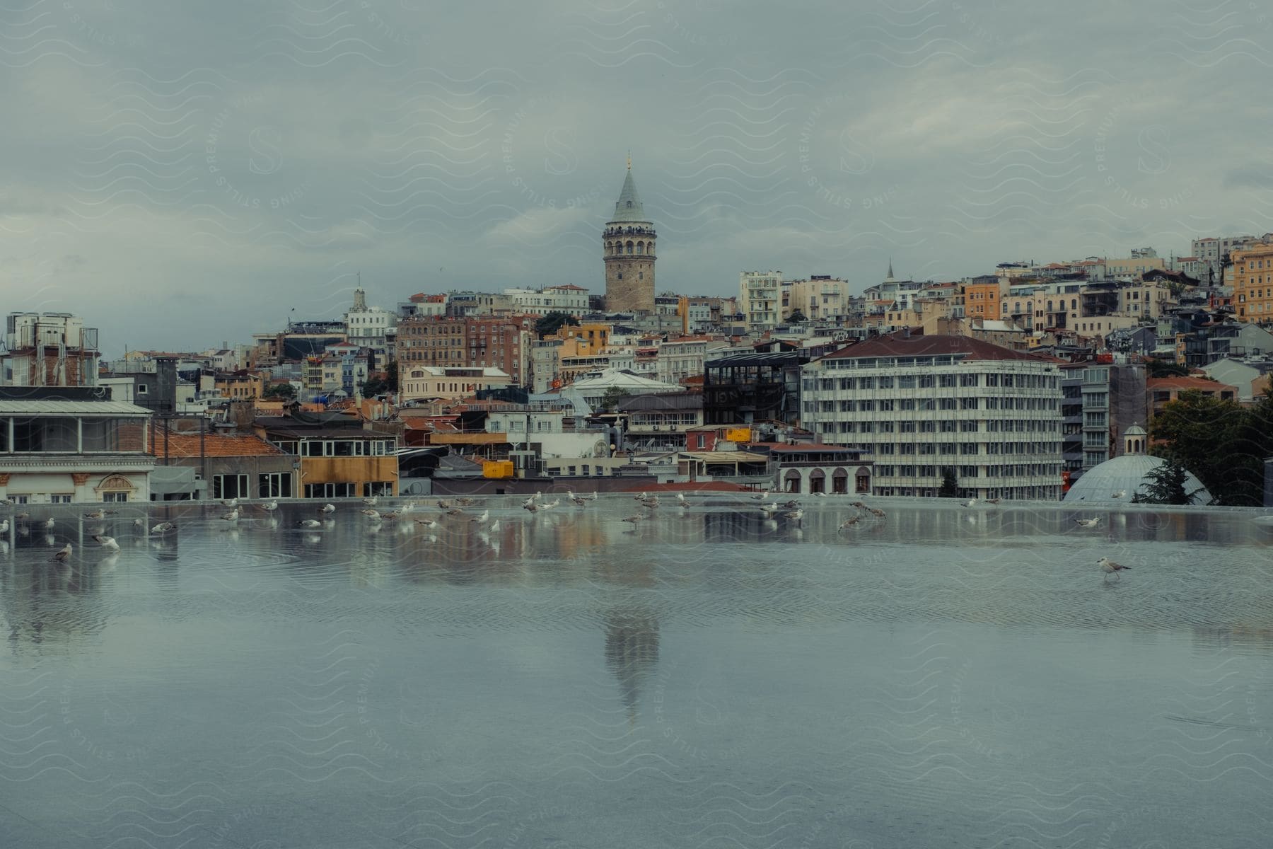 View of a cityscape with historic tower and modern buildings, overcast sky reflected on a surface in the foreground.