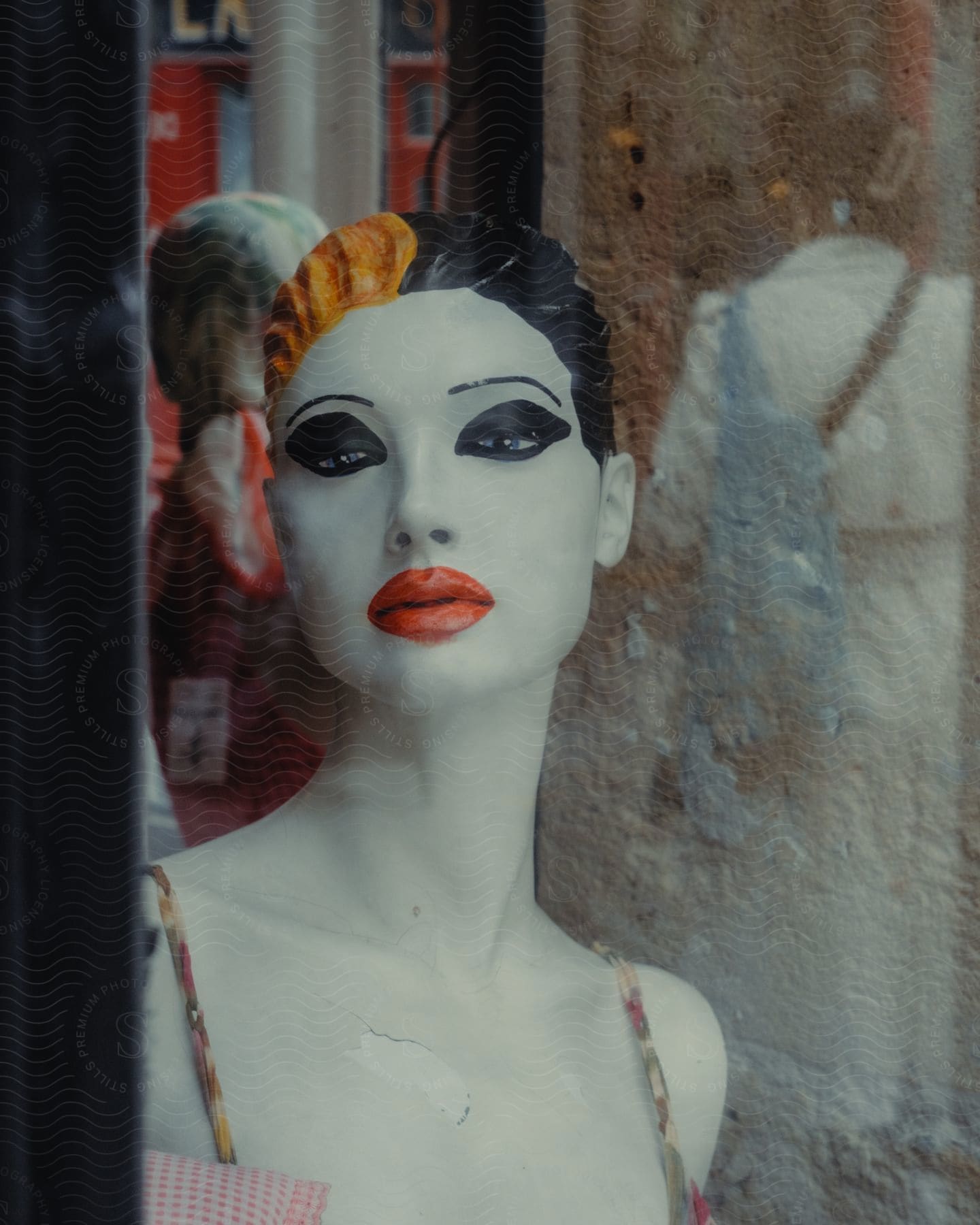 A white mannequin with black eye makeup and red lipstick on her mouth and her hair is either half black and half yellow