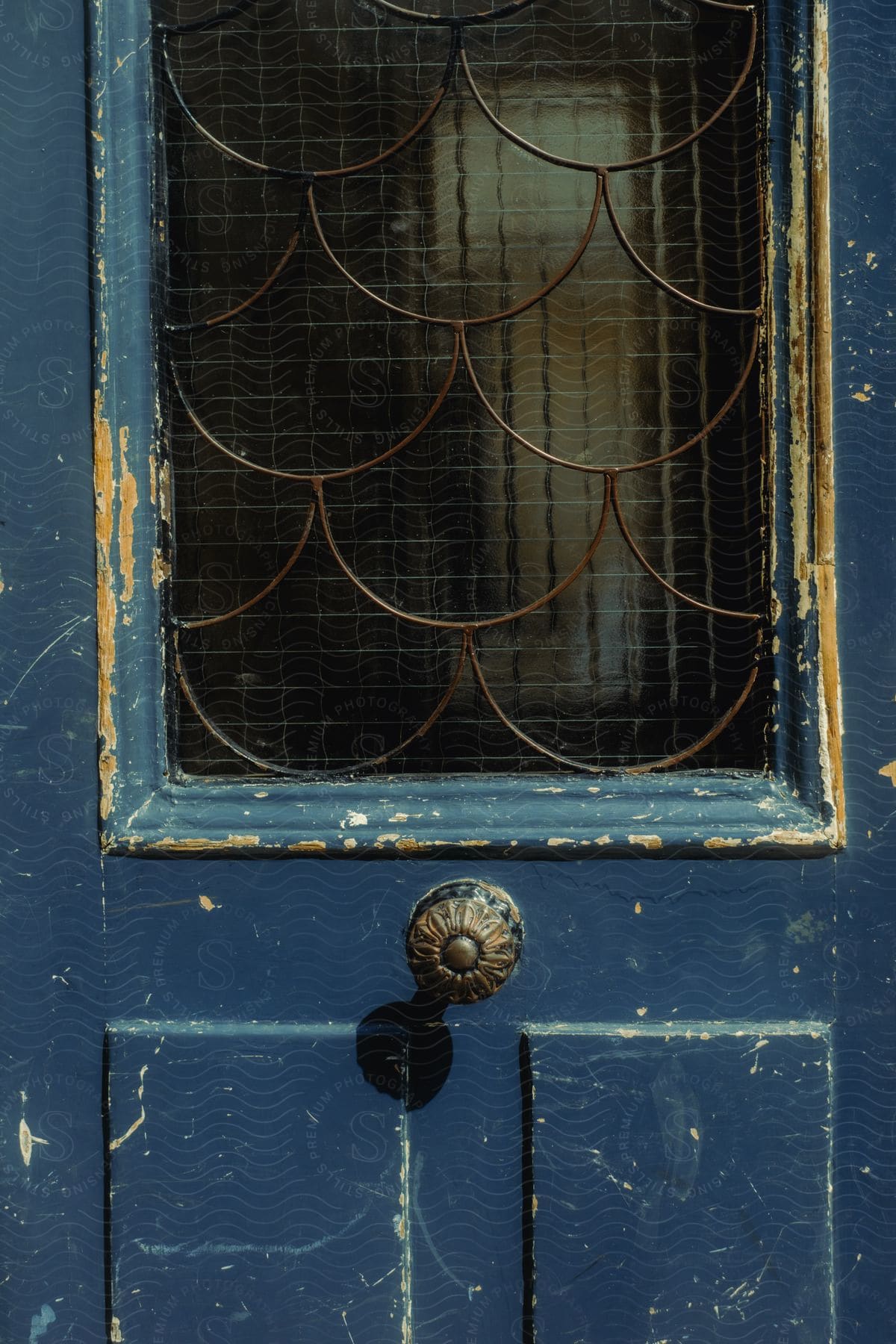 A blue door with a handle in the center and a glass with a wire frame in front