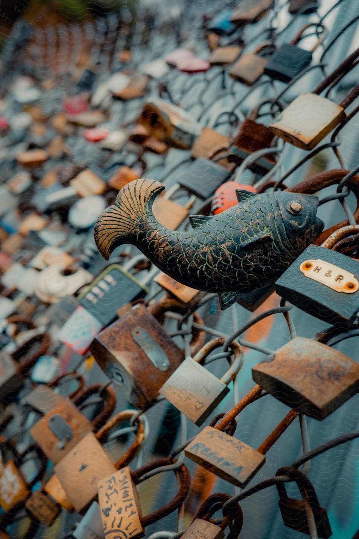 A large wire net with several rusty padlocks attached and a fish-shaped padlock