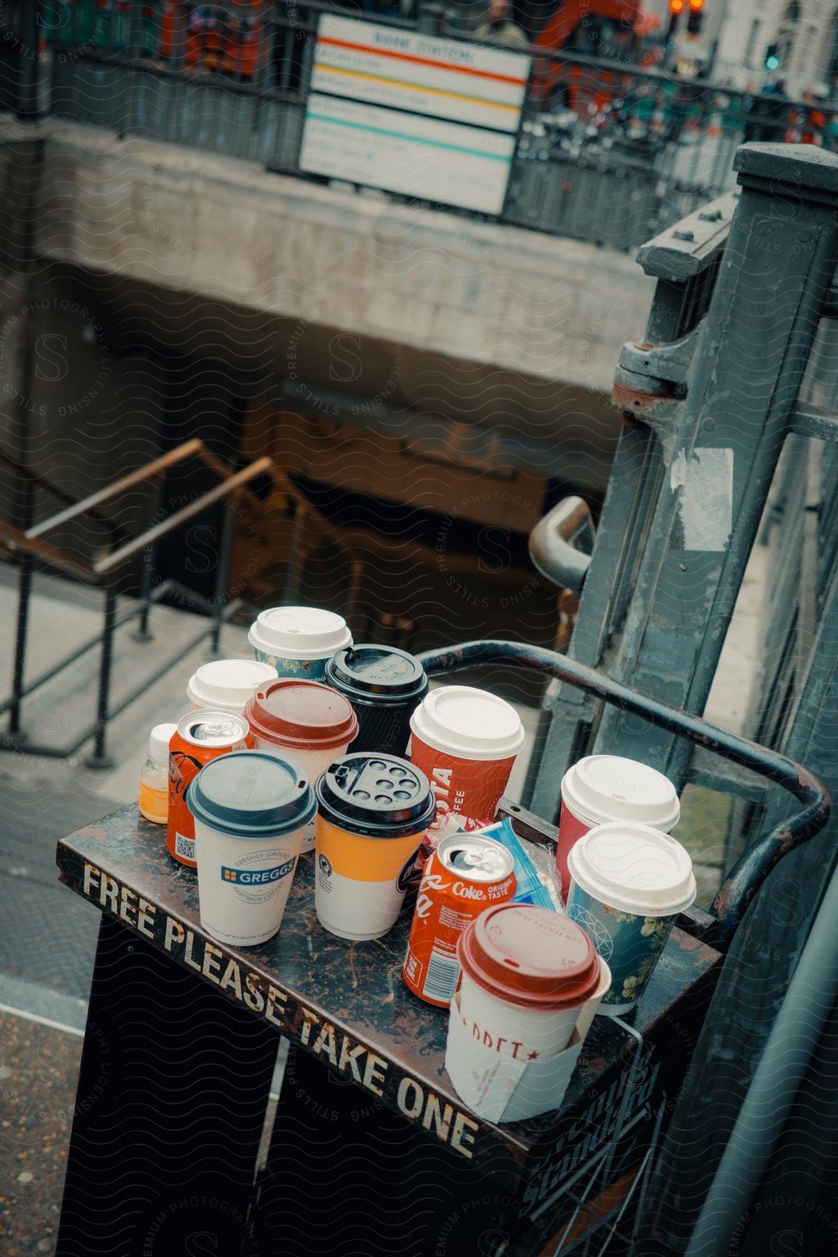 A variety of coffee cups and cans arranged on a surface with the inscription "FREE PLEASE TAKE ONE" in an urban setting, suggesting an act of sharing or giving.