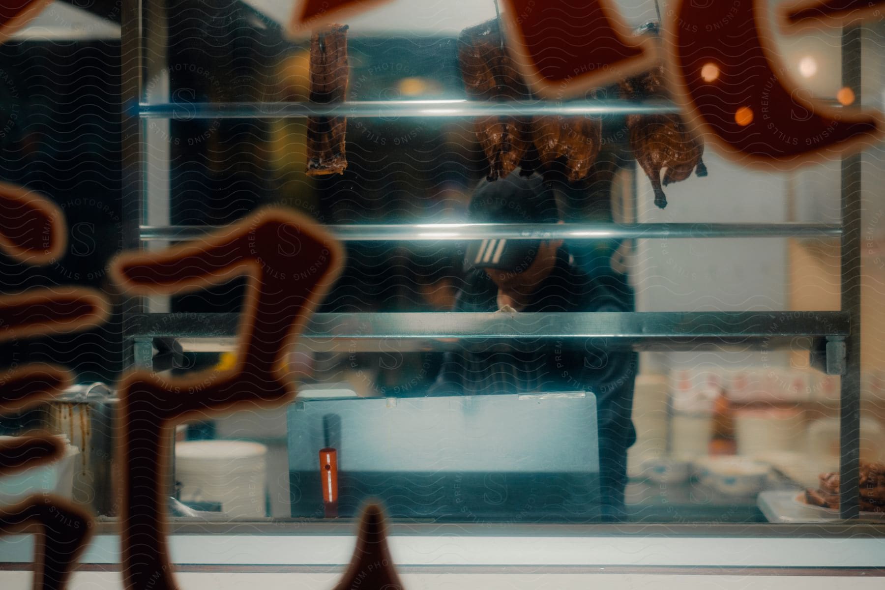 A man is seen through a window with neon signs. The interior of an establishment that appears to be a restaurant or food stall.