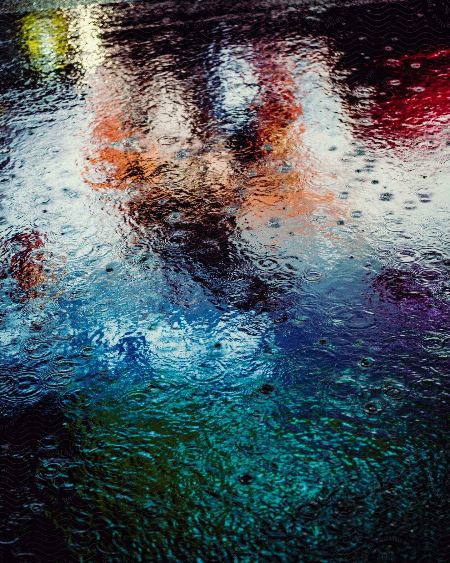 Colorful reflections on wet surface with raindrops creating ripples.