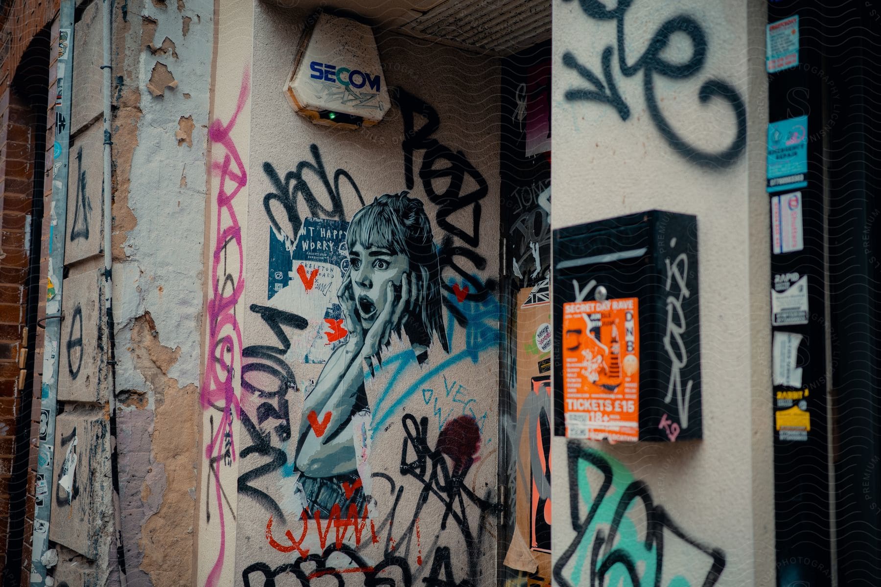 Urban street art of a surprised woman with graffiti and flyers on the surrounding wall.