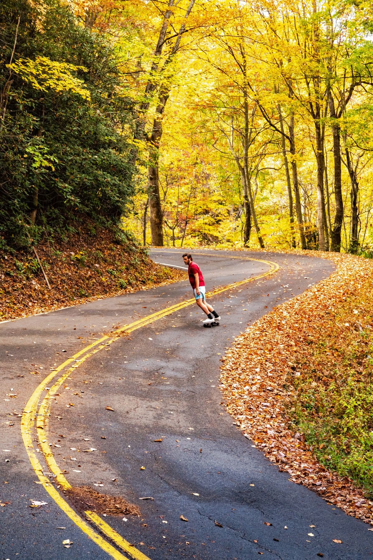 Man riding a skateboard on an asphalt with spring forest around.