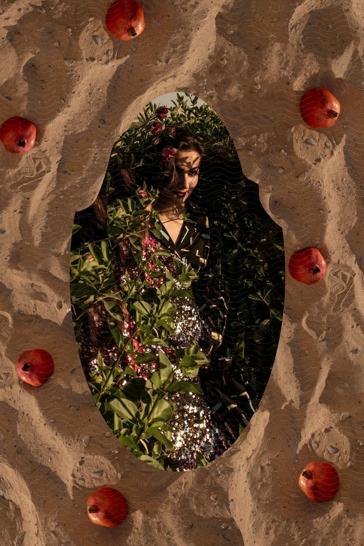 A young woman models a black sequin gown while standing in a rose garden.