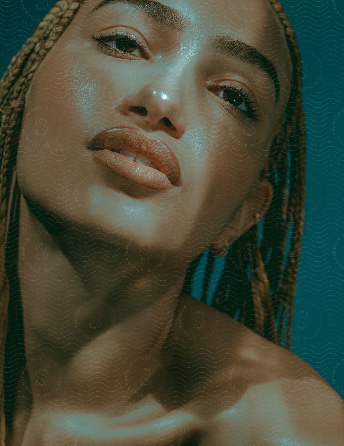 Close-up of a woman with glossy skin and braided hair.