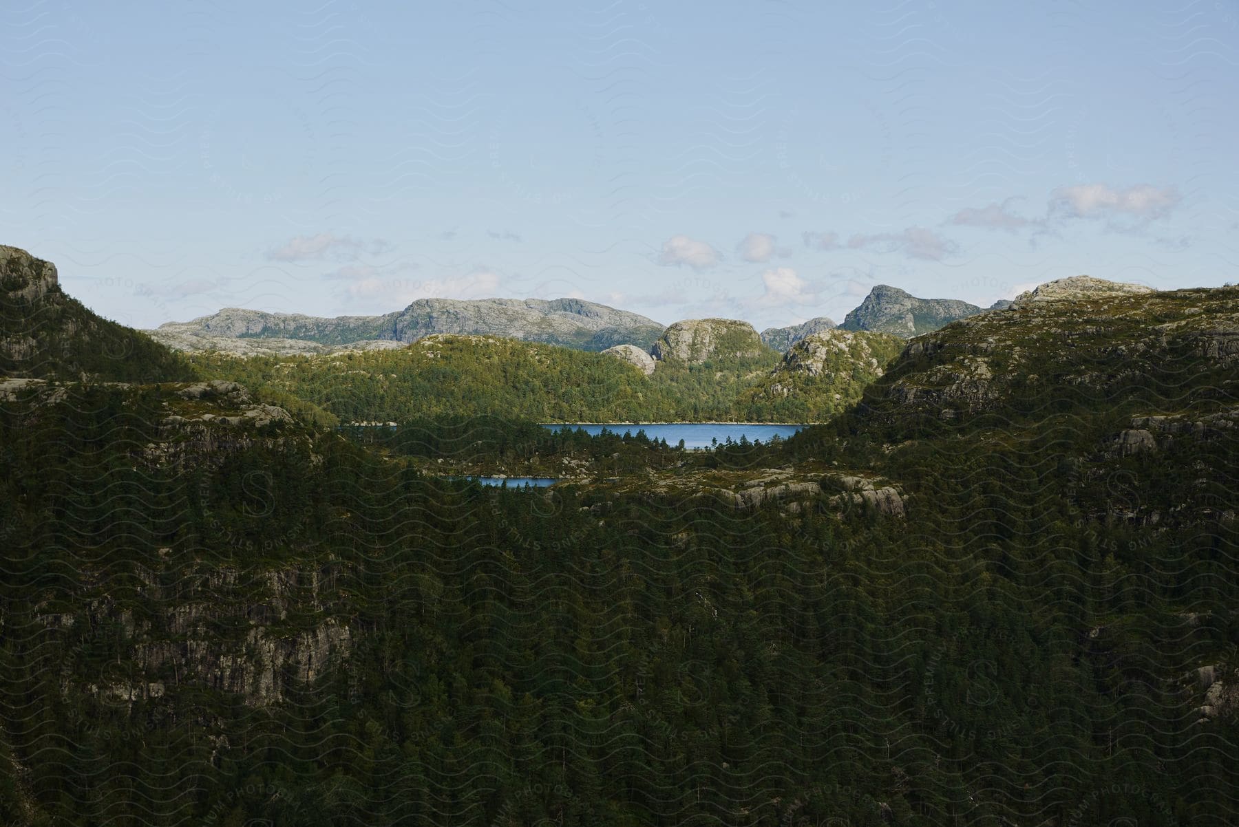 A forest covering a large canyon with a lake, and the mountain range around it.