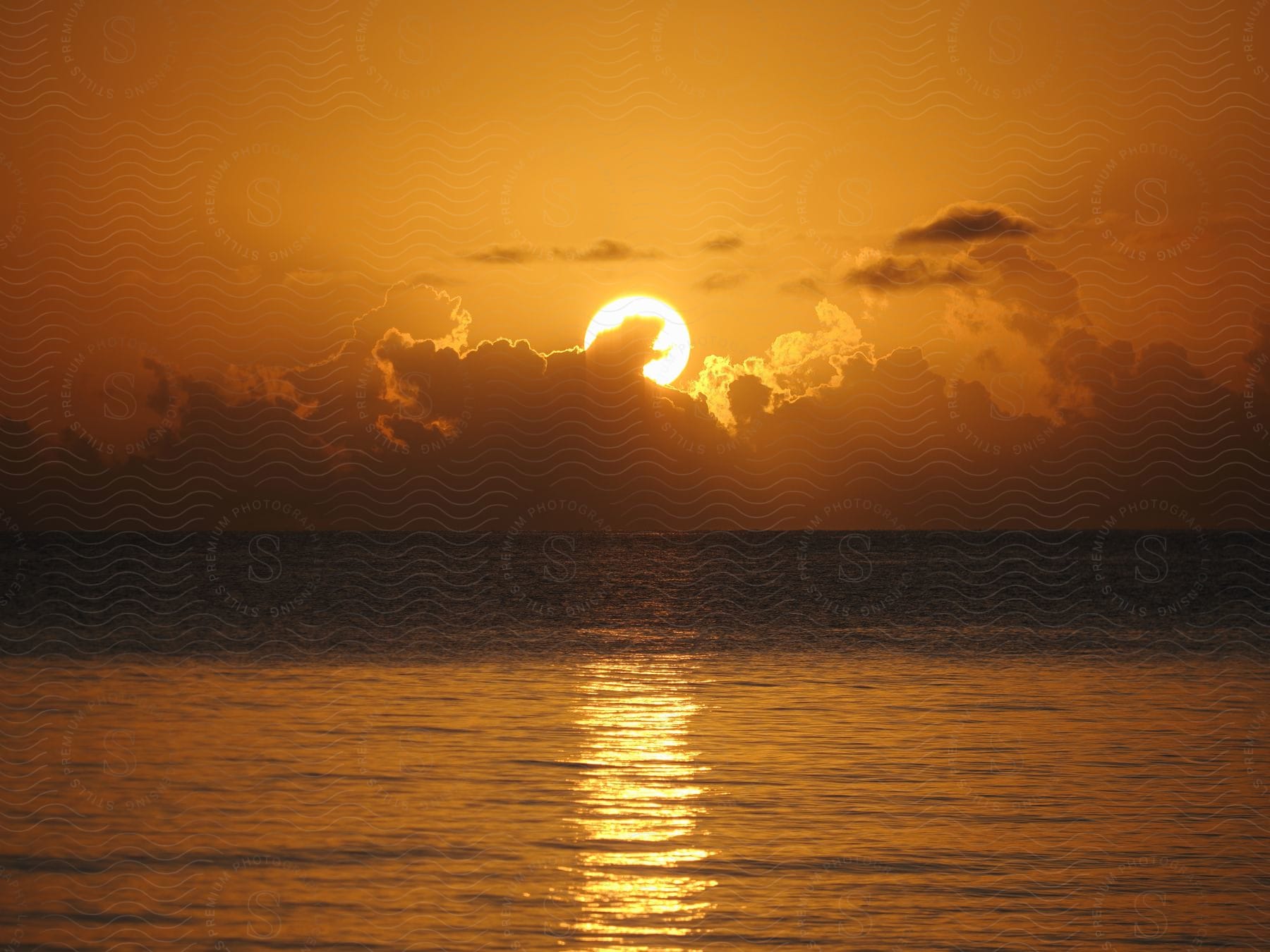 The sun rising in a golden sky shimmering on the water surface