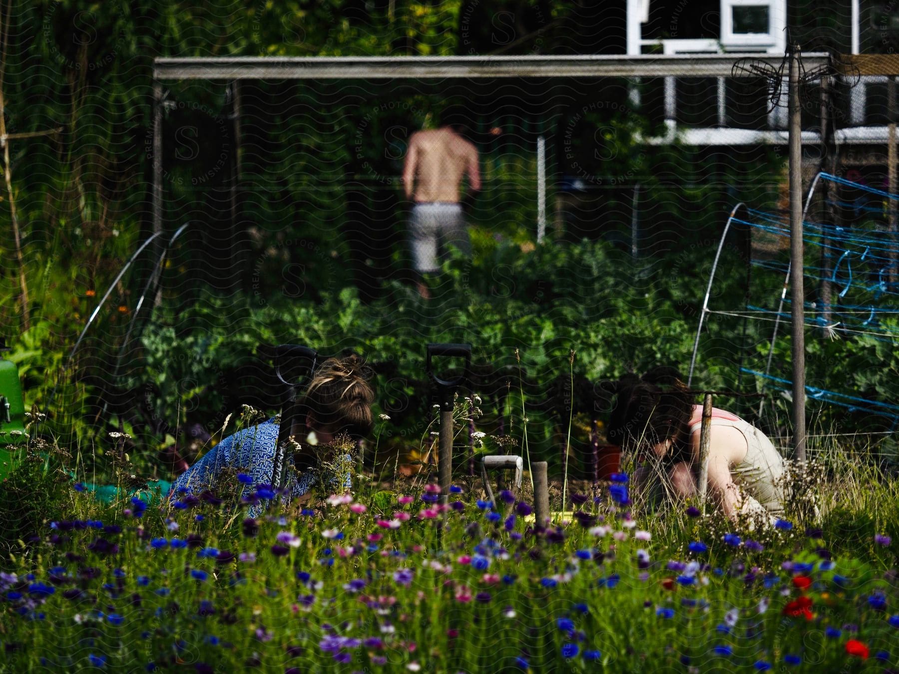 Two girls are sitting near flowers in the yard as a man walks near the house