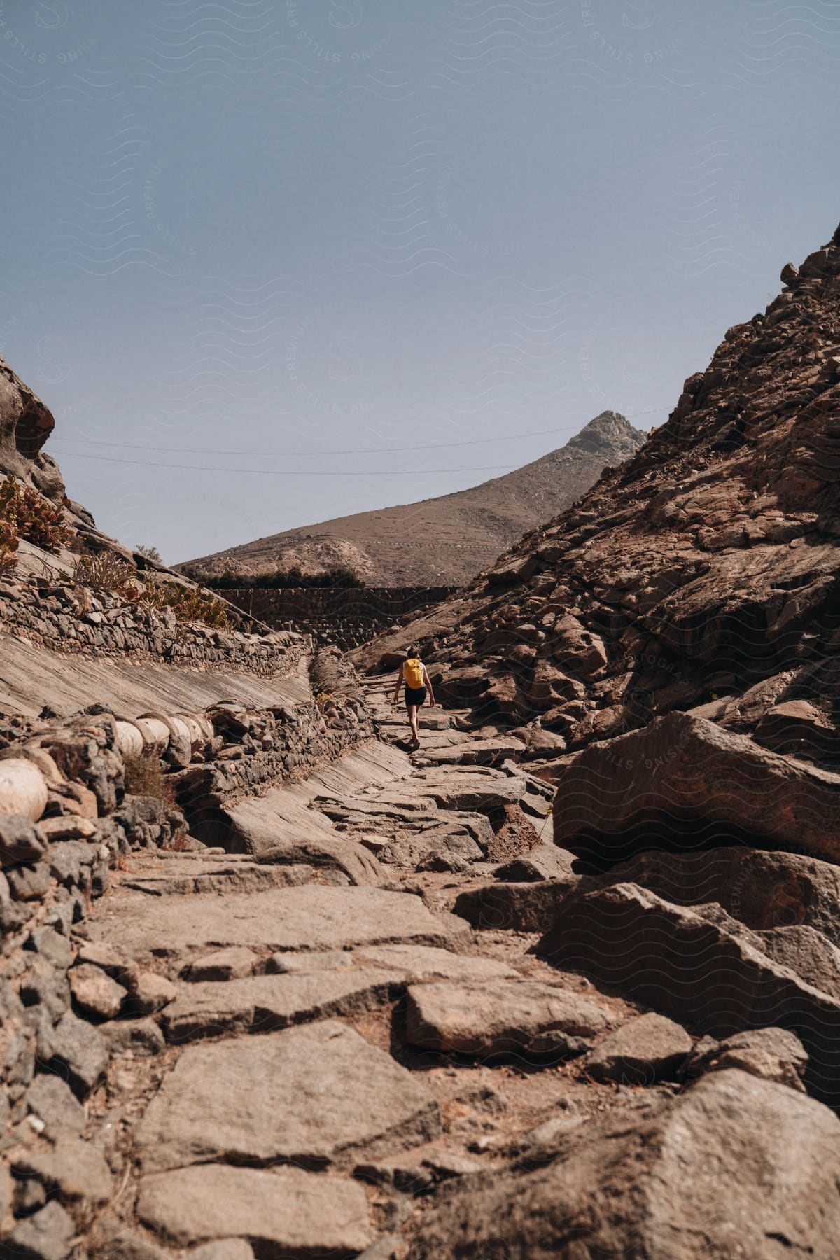 Woman with her back turned walking along a steep and rocky path surrounded by mountains and canyons under a clear sky.