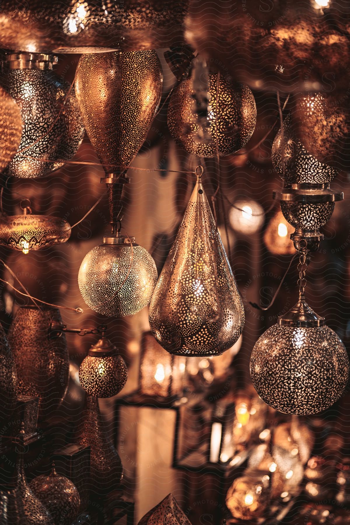 Close up of some lanterns hanging in a room