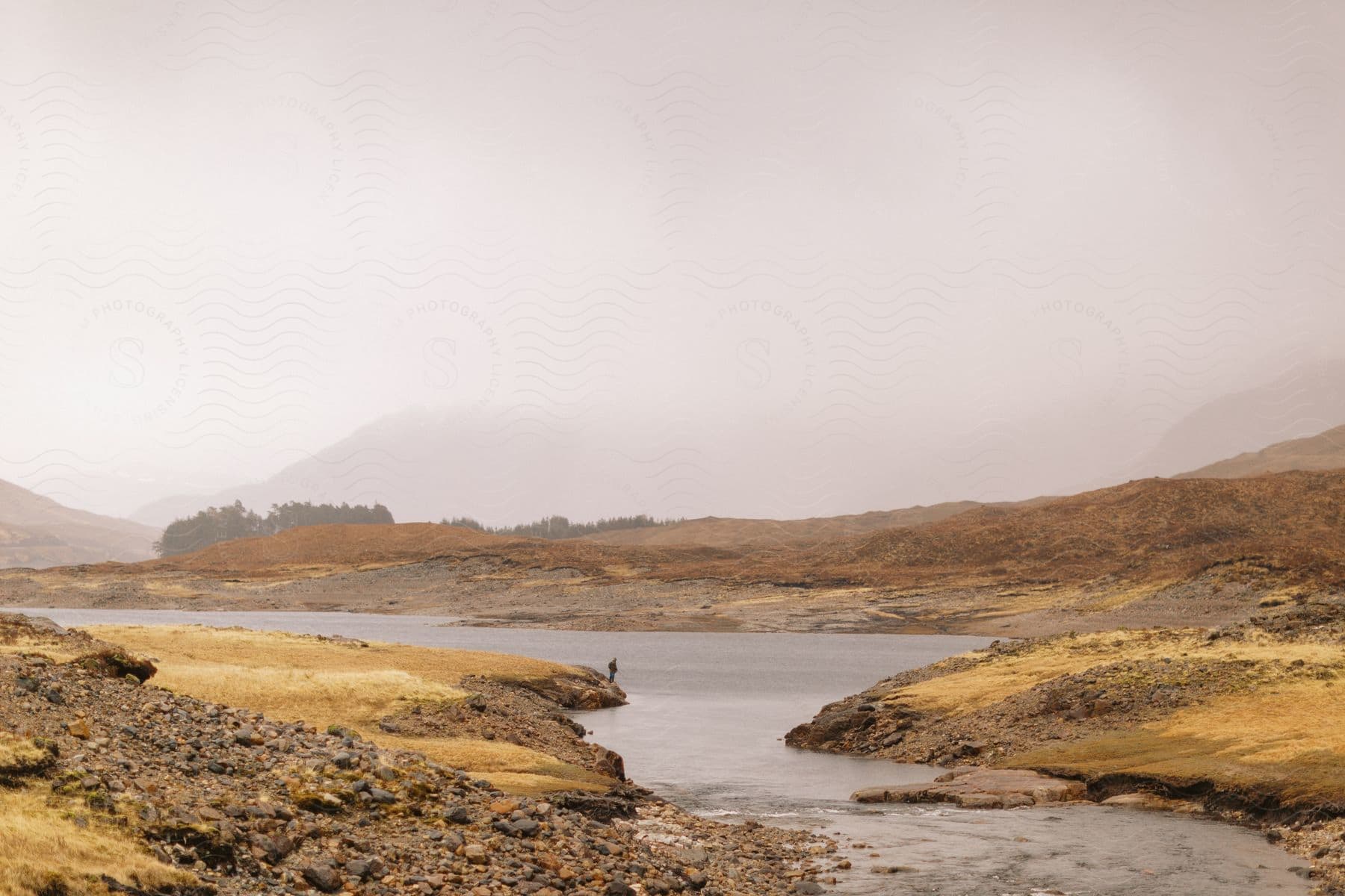 A person stands at the bank of a stream in a dry desert land on a sunny day.