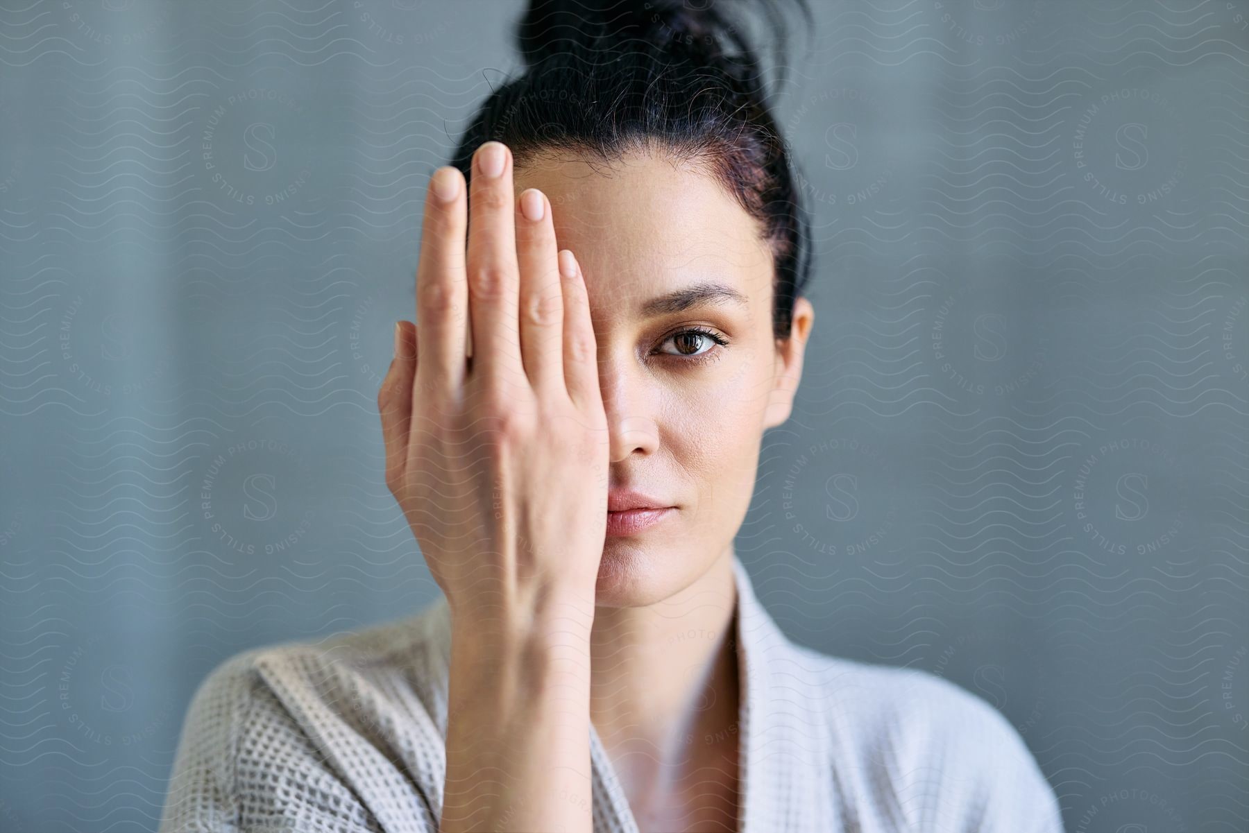A woman with a bun hairstyle covers half of her face with one hand, gazing pensively to the side.