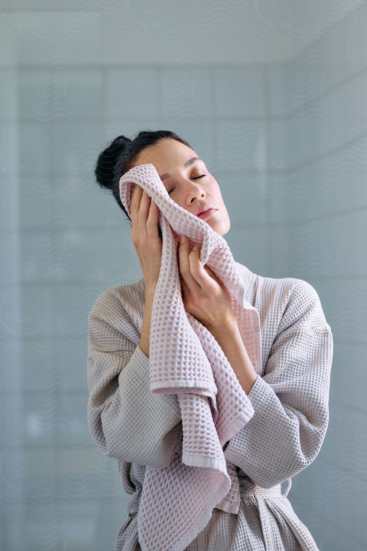 A woman wearing a gray bathrobe and a bun dries her forehead with a pink towel in the bathroom.