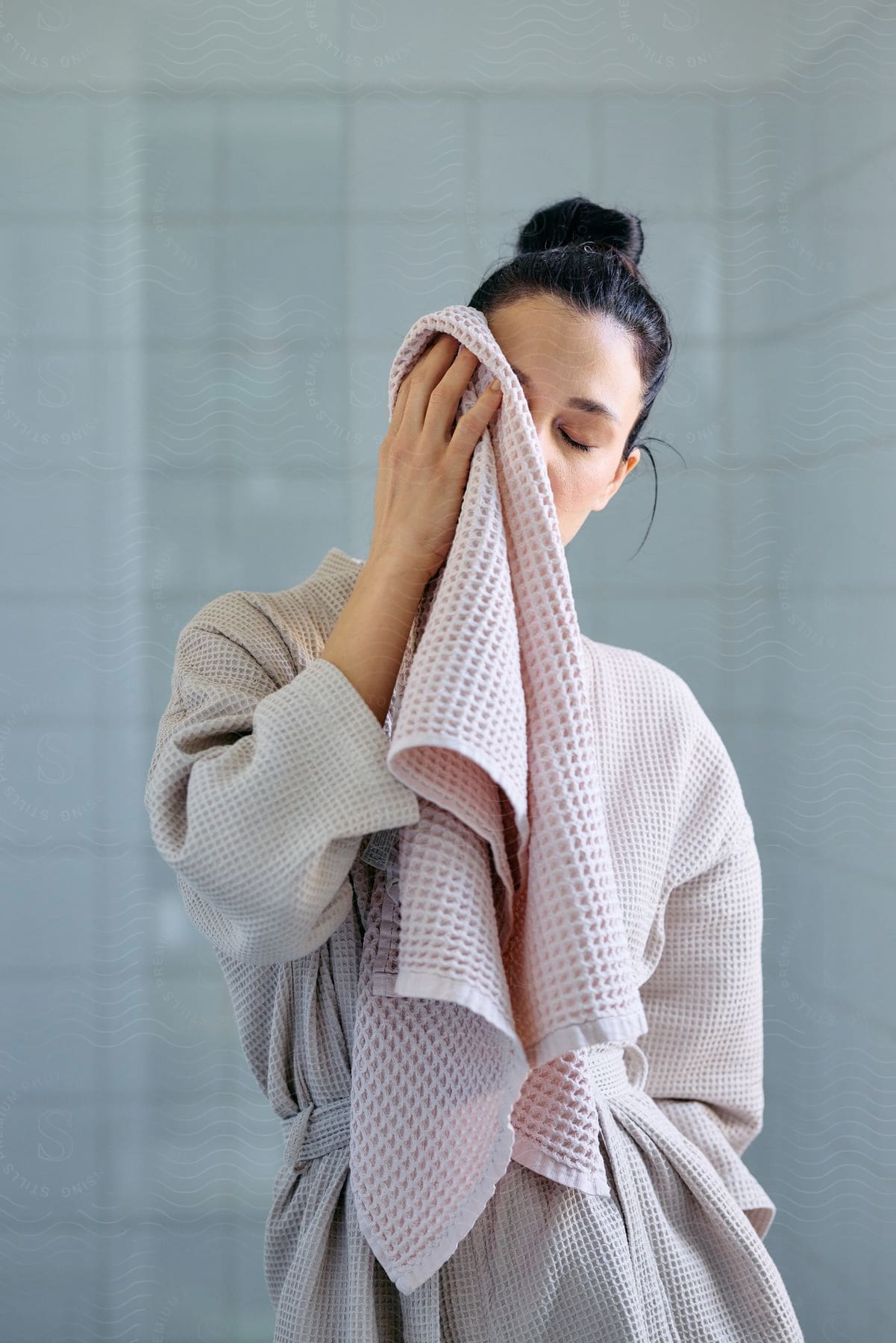 A person with their hair tied back is wearing a waffle-knit robe and is drying their face with a towel, standing in a room with tiled walls.