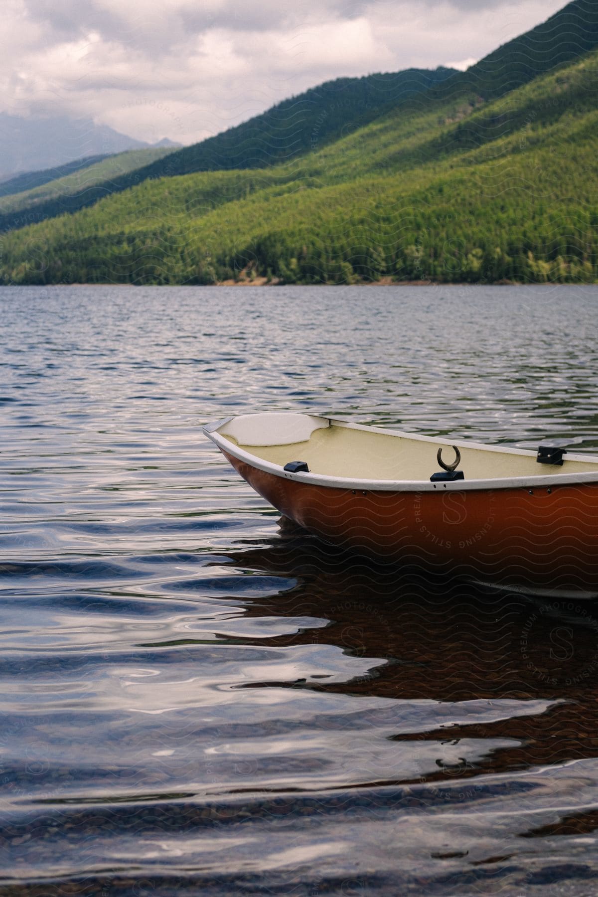 Canoe on a shallow lake with forested mountains on a cloudy day