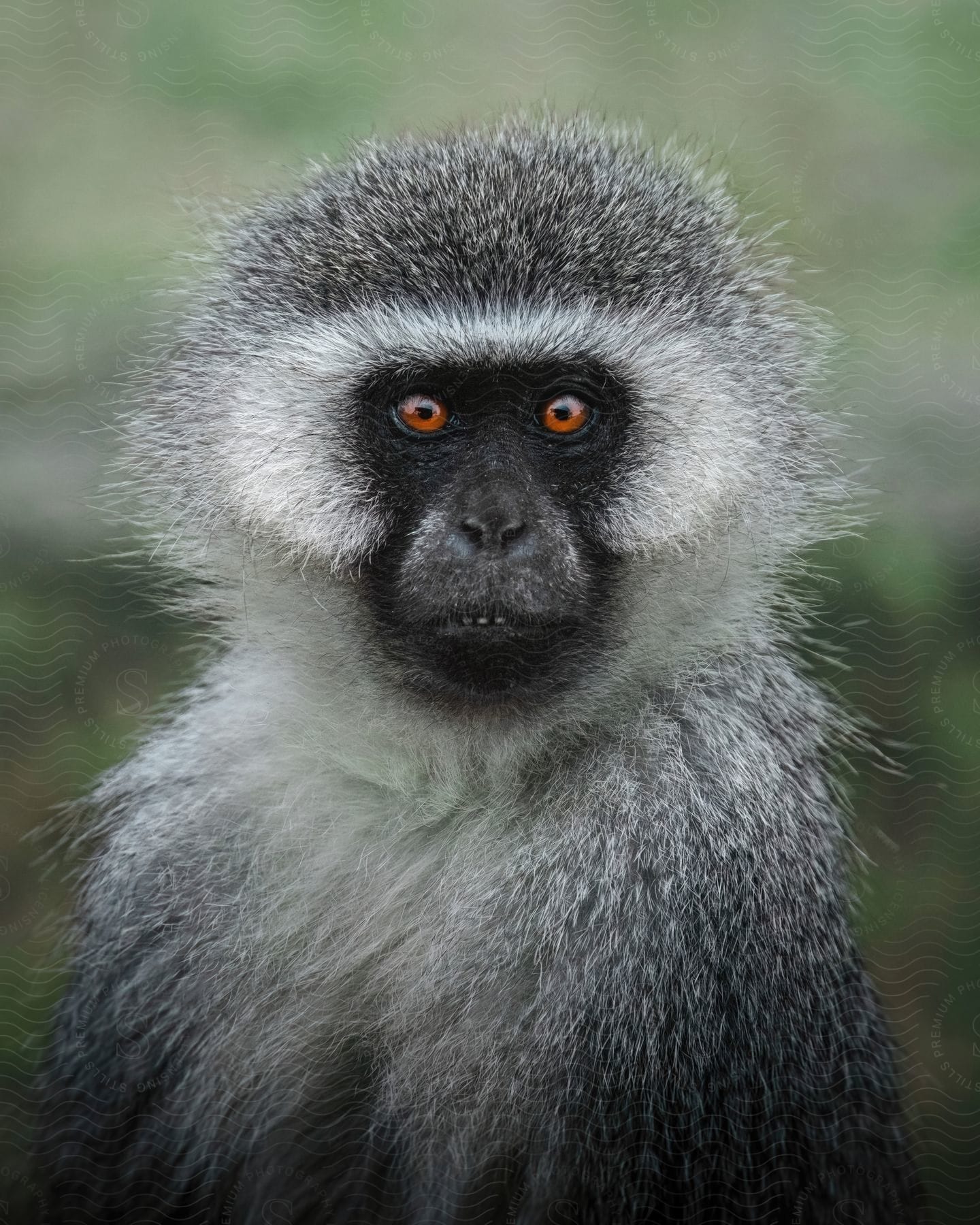 A Vervet monkey is looking straight forward.