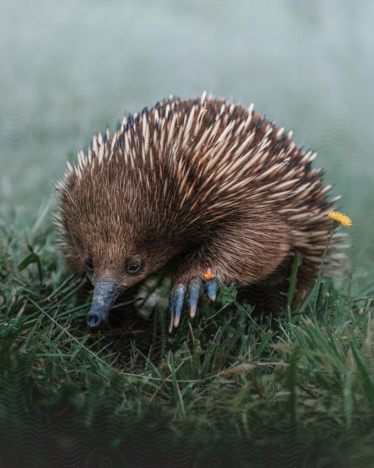 An echidna is walking on a grass and to the right side of it is a small yellow flower