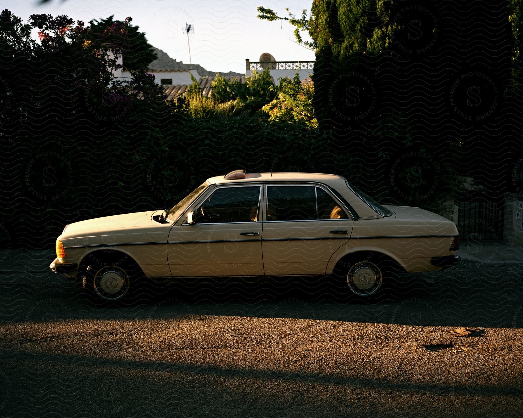 Side of vintage Mercedes W123 parked on the asphalt.