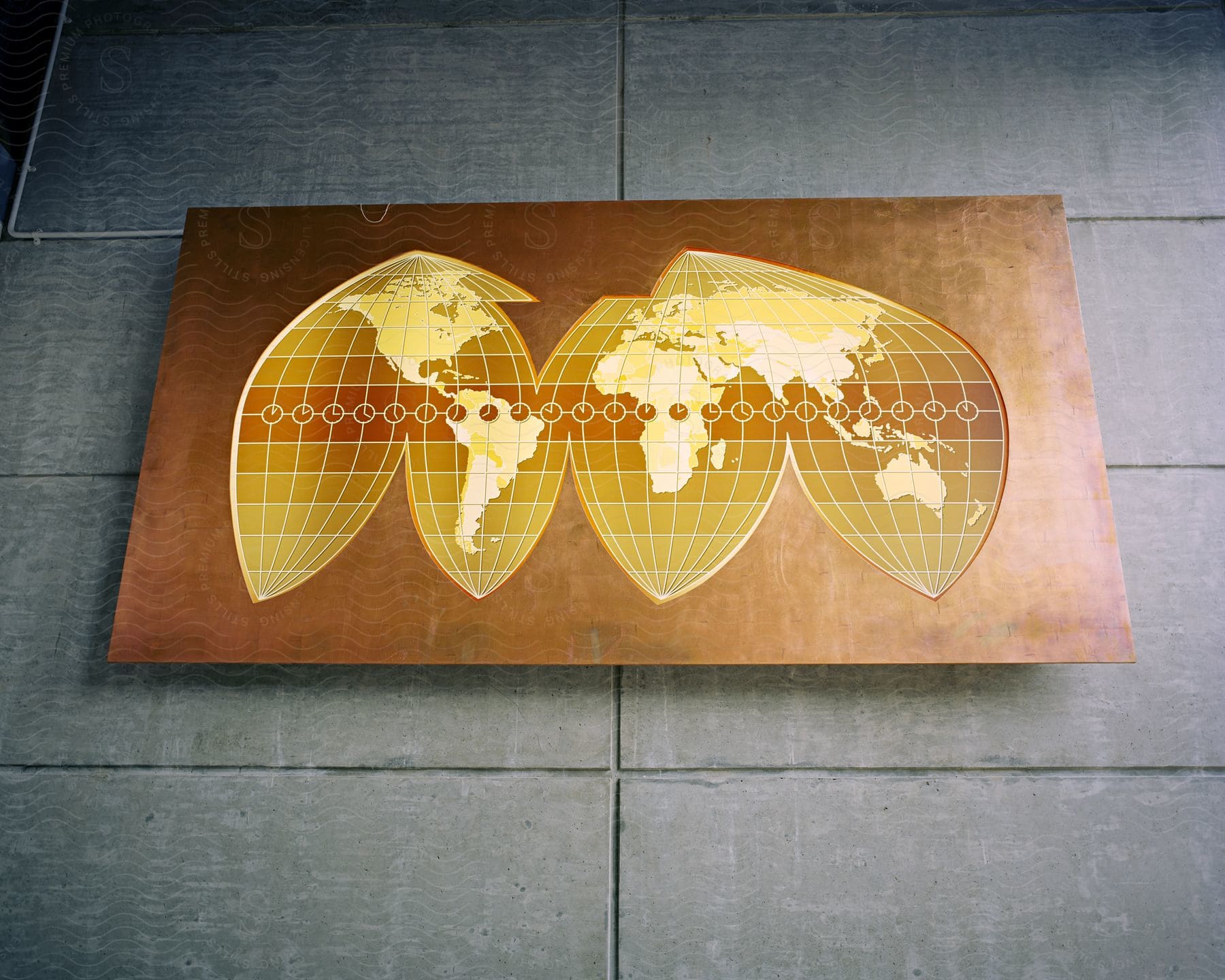 Global map illustration on a wooden board hanging on a wall