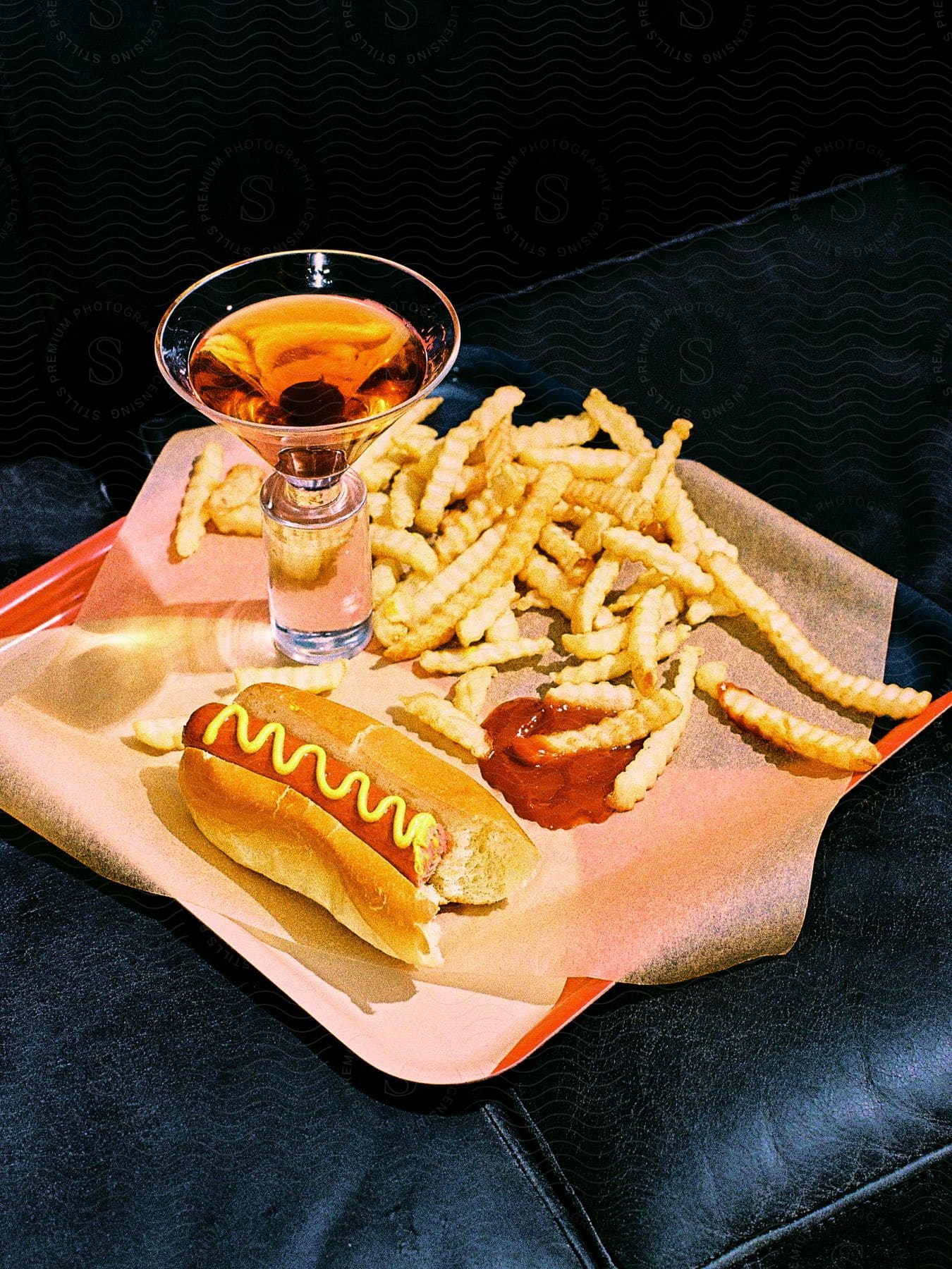 A hot dog with mustard and crinkle fries and a cocktail are served on an orange tray on a black leather seat