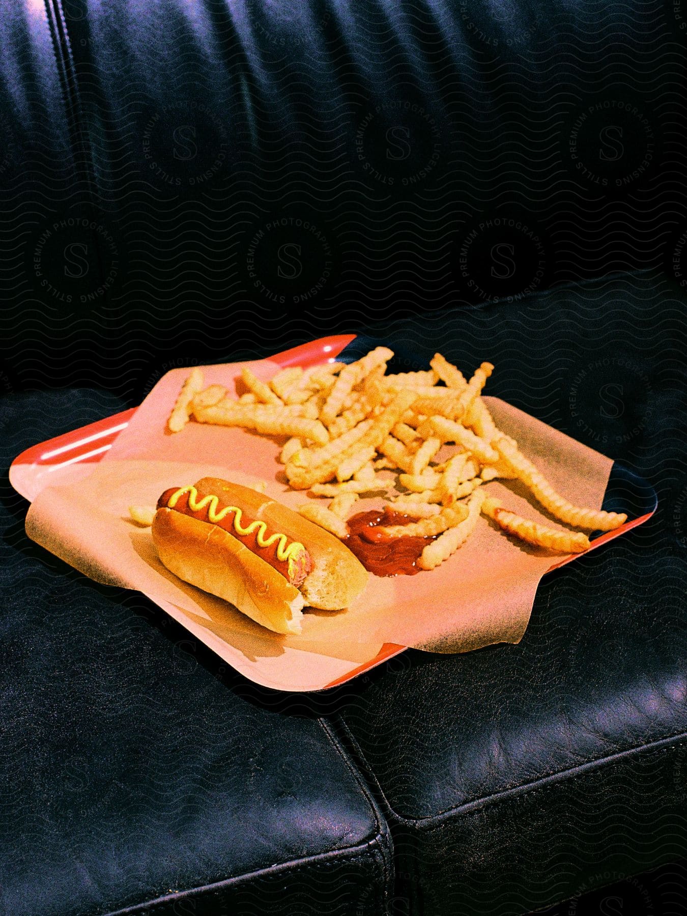 A hot dog with French fries are plated on a square tray.