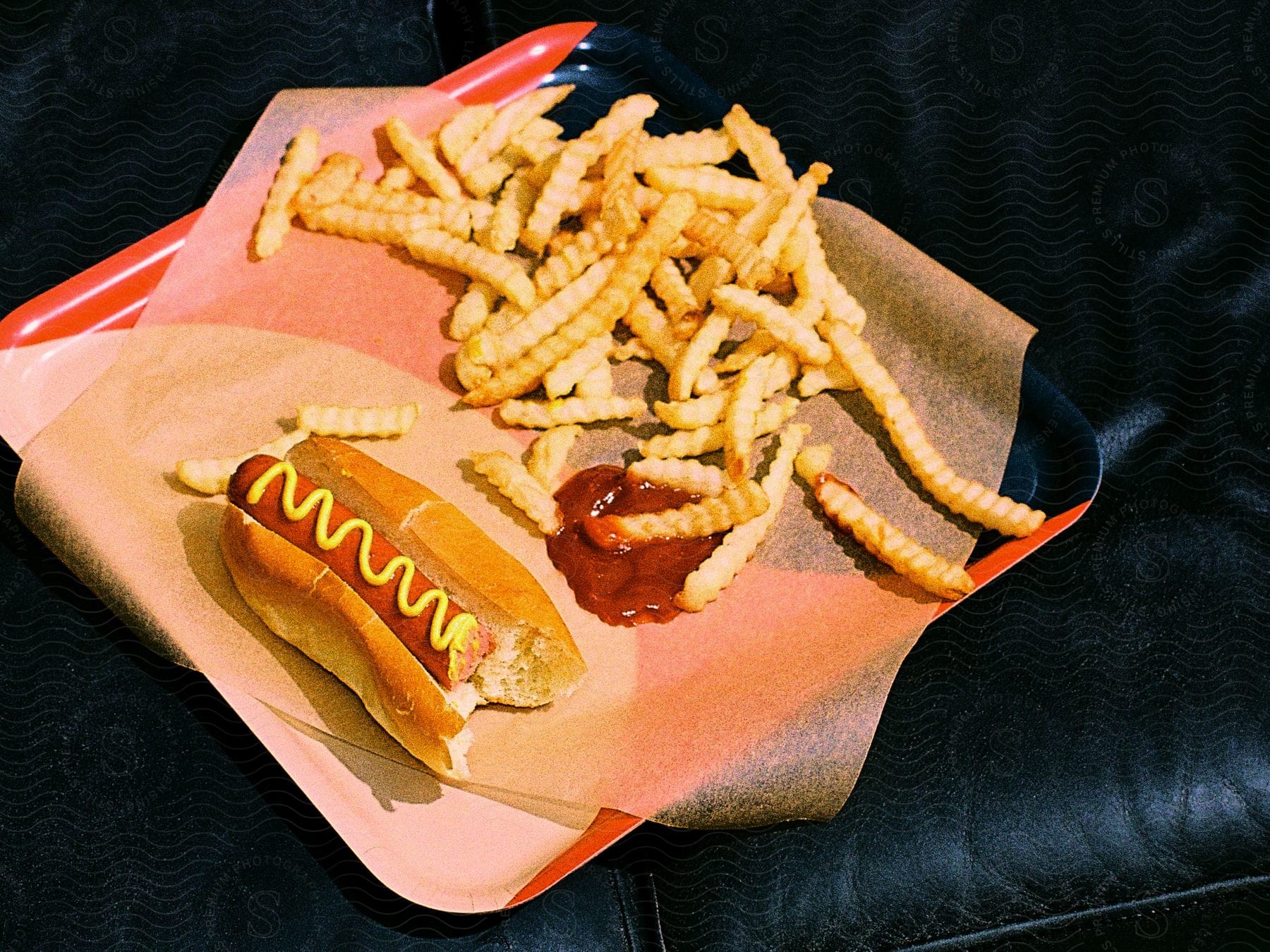 French fries and a hot dog on a plastic tray in the sunshine