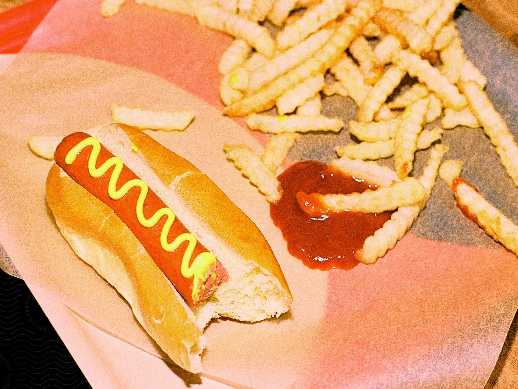 A meal consisting of a hot dog with mustard and a side of wavy fries with ketchup, served on a tray.